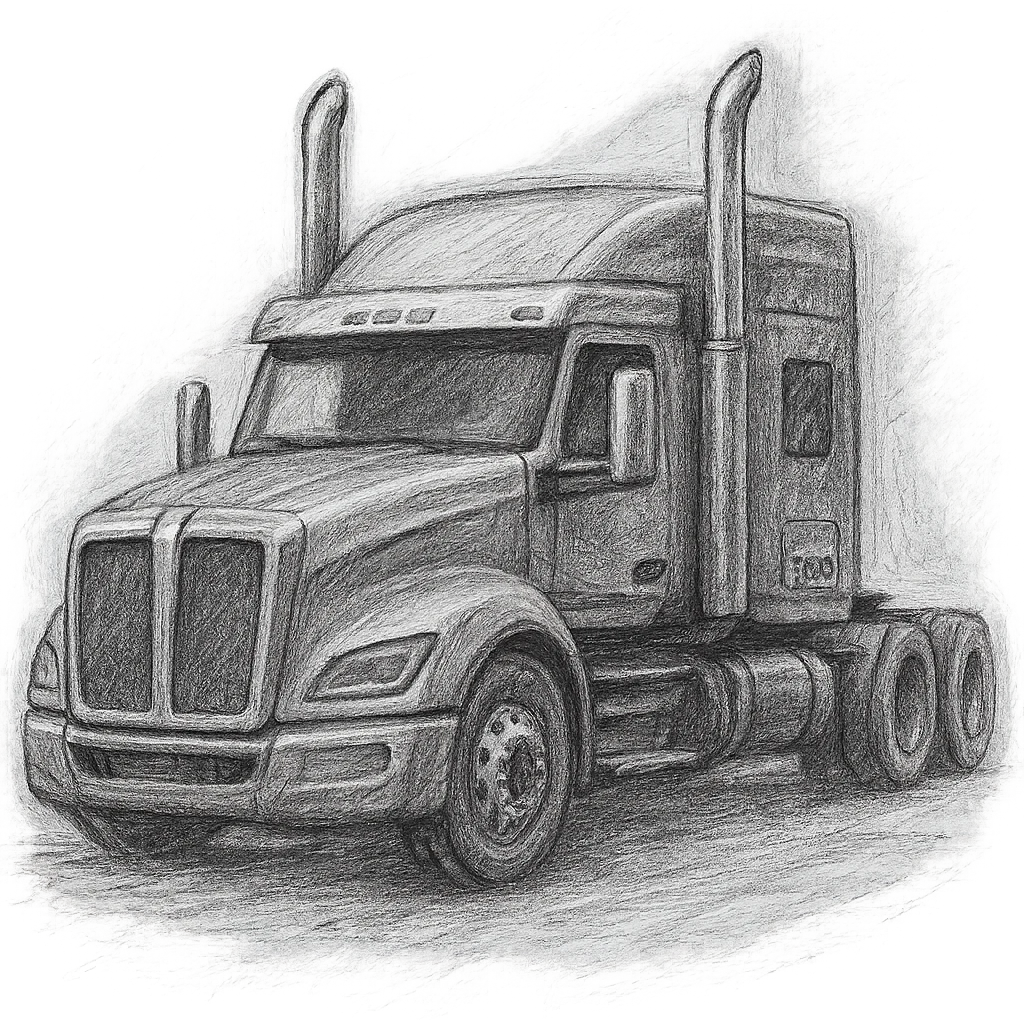 Render the 2026 Kenworth T680 Flattop truck in a pencil sketch style, with soft graphite shading, hand drawn texture, black with chrome stacks, transparent background. emoji