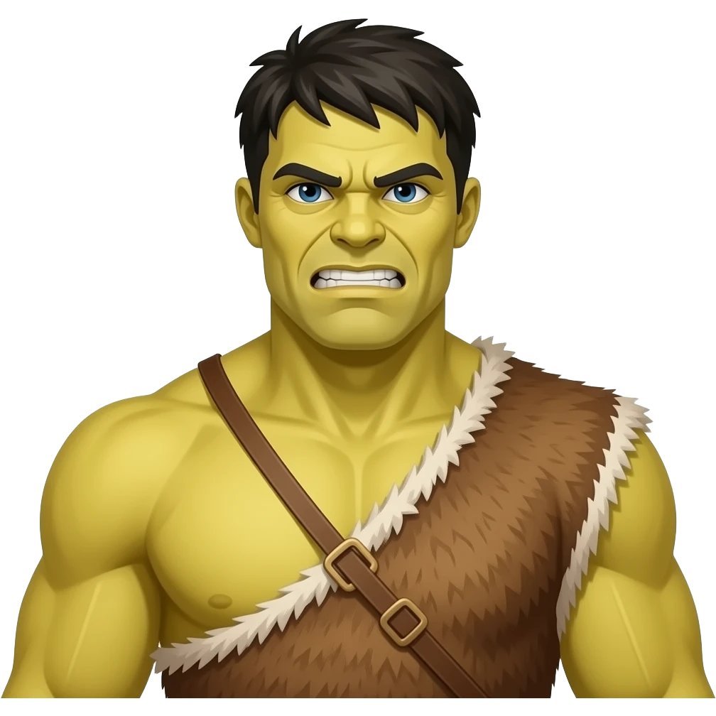 a Hulk wearing ancient animal skin cloth, half body, icon, yellow skin emoji