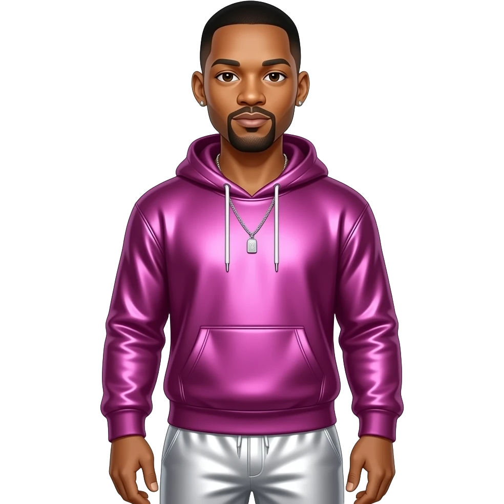 Will Smith with dark brown eyes, black hair, fuchsia metallic sweatshirt, white metallic baggy sweatpants, necklace and short earrings emoji