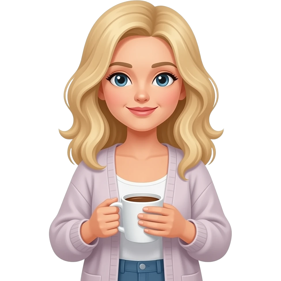 WHITE BLOND WOMAN WITH SHOULDER LENTH HAIR IN FLOWY CARDIGAN HOLDING A CUP OF COFEE emoji
