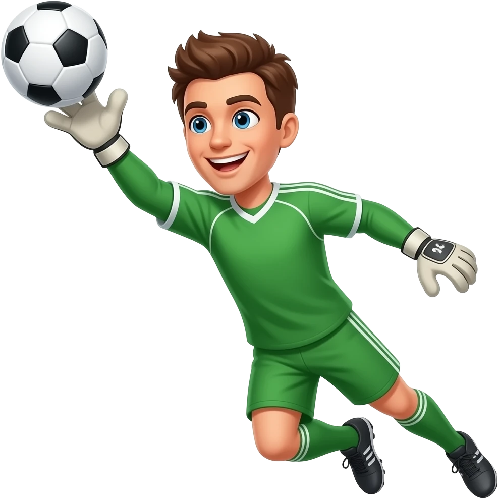 faça umgoleiro de camiseta verde, short conza, olhos azuis, cabelo marron, sorrindo se jogando para a esquerda como se fosse pegar uma bola emoji