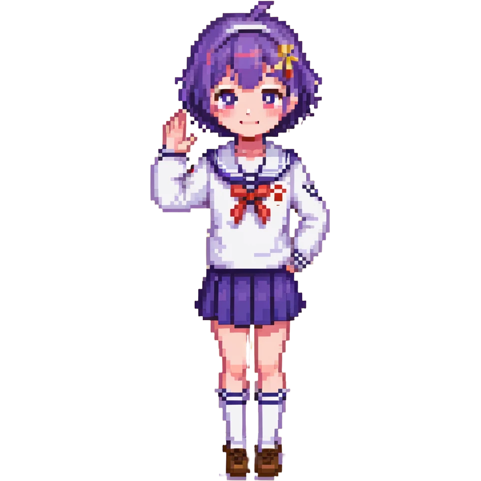 Pixel art anime girl with short bright purple hair wearing Japanese sailor style school uniform, composed posture with hand on hip but shyly waving with other hand, blushing face and timid smile, very shy expression emoji