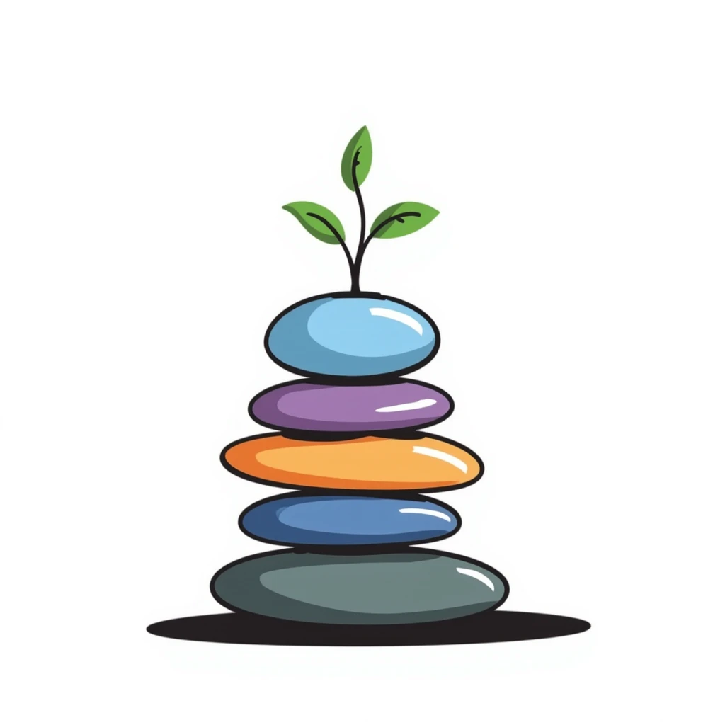 A zen-like balanced stack of colorful stones in blues, purples, and oranges with a small green plant growing beside it, representing balance and stress relief. Hand-drawn doodle style with vibrant colors. emoji