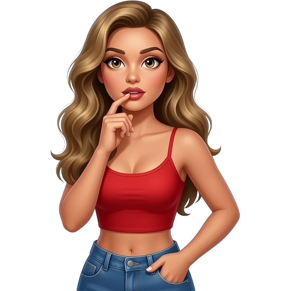 Fingers on lips and thinking looking up woman with tan glowy skin, hazel eyes almond with long lashes,, full lips, dark blonde flowing hair, delicate feminine sexy features, wearing a red crop top and blue low waist jeans, confident and femenine and glam makeup. Intense seductive look. REALISTIC emoji