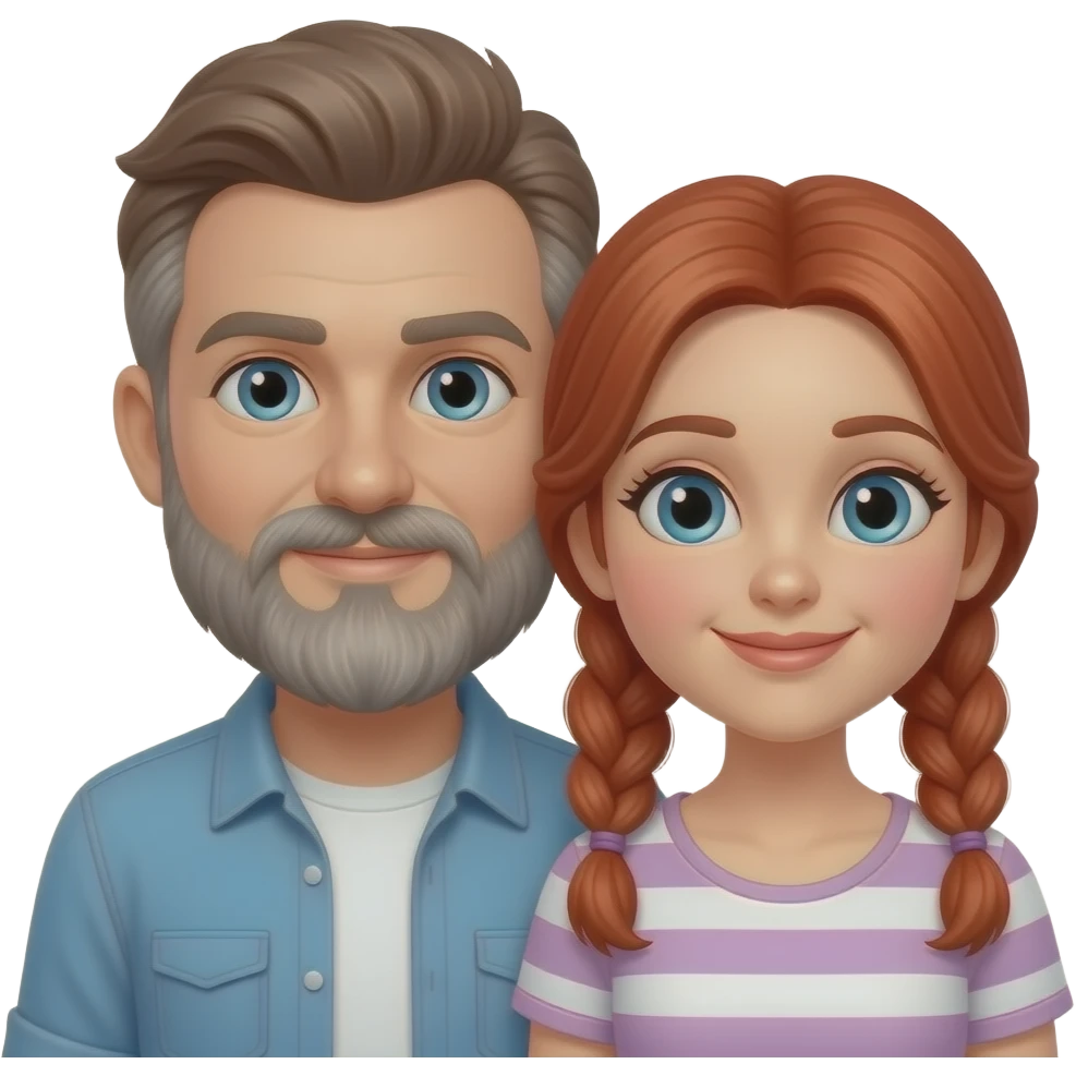 Couple in love, male witih brown hair and long salt and pepper beard, woman with red hair and pig tails emoji