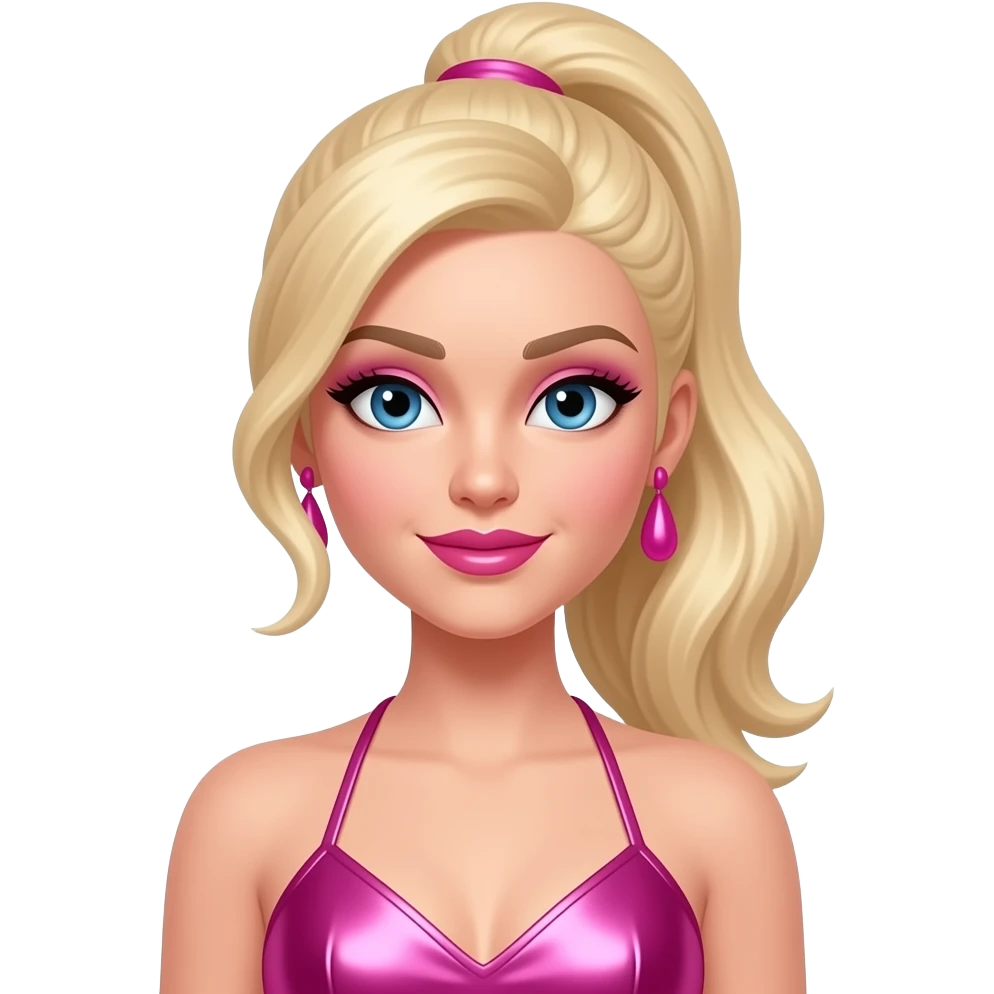 Me Julie from Fictional Characters with blue eyes, blonde high ponytail hair, pink eyeshadow and lipstick, hot pink metallic halter dress, pink earrings emoji