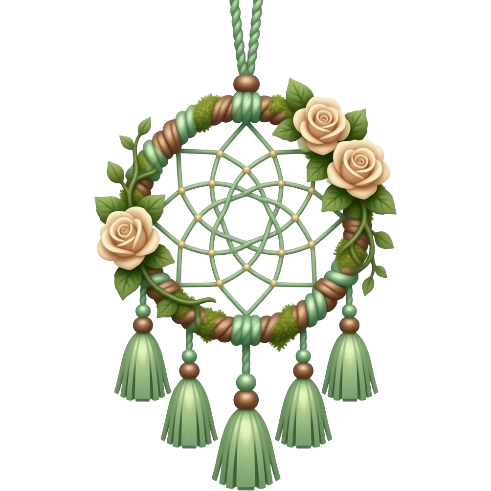 Hippie-like Cute dainty neat Pastel Green-white-brownish-beige-gradients thread-rope-hanging dreamcatcher, pastel colors, whitish, light, green academia aesthetic, mossy, with green vines and beige roses, Cottagecore, Princesscore, shiny glistening, vintage, tassels emoji