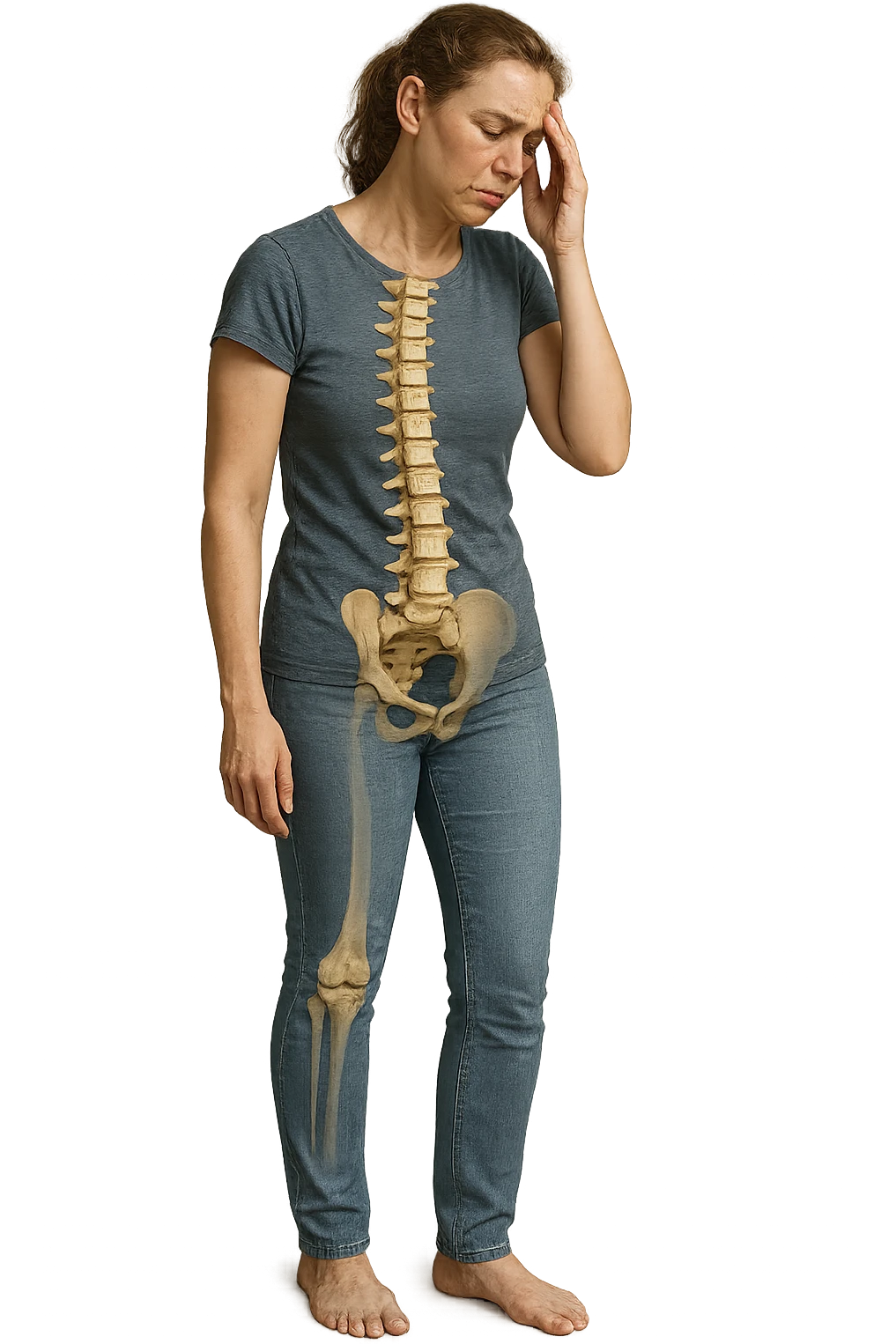 donna stanca a figura intera che si tiene una mano sulla tempia con spina dorsale anatomica visibile, iperrealistico 4k emoji