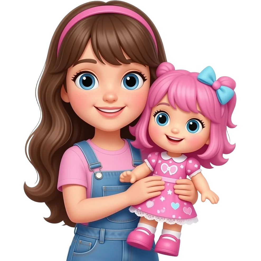 A girl holding a pink big doll emoji