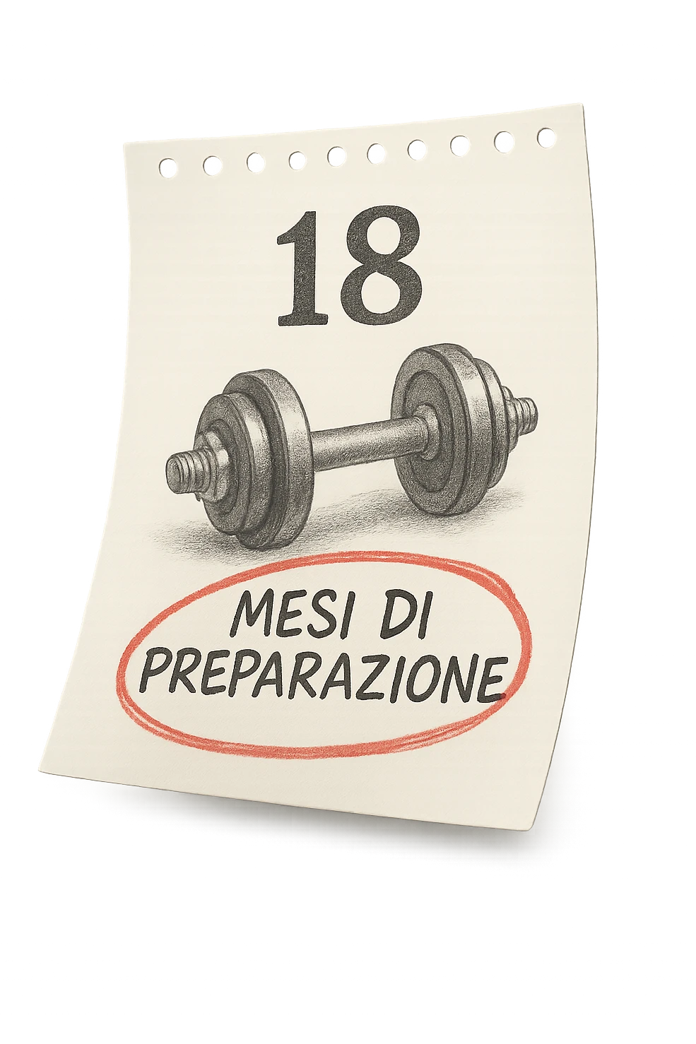 foglio di calendario con manubri da palestra disegnati e la scritta a penna "18 MESI DI PREPARAZIONE" CERCHIATA IN ROSSO, FALLO MOLTO REALISTICO IN 3D emoji