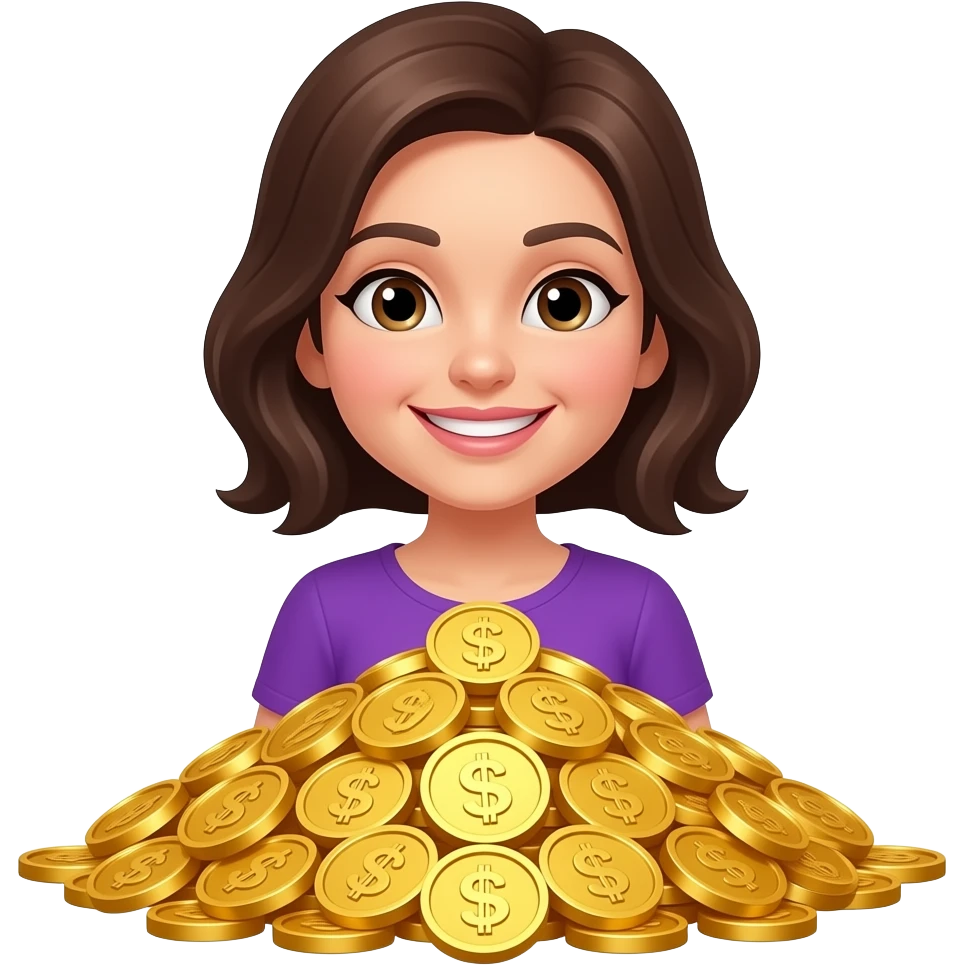 Счастливая женщина с кучей золота в фиолетовой одежде emoji