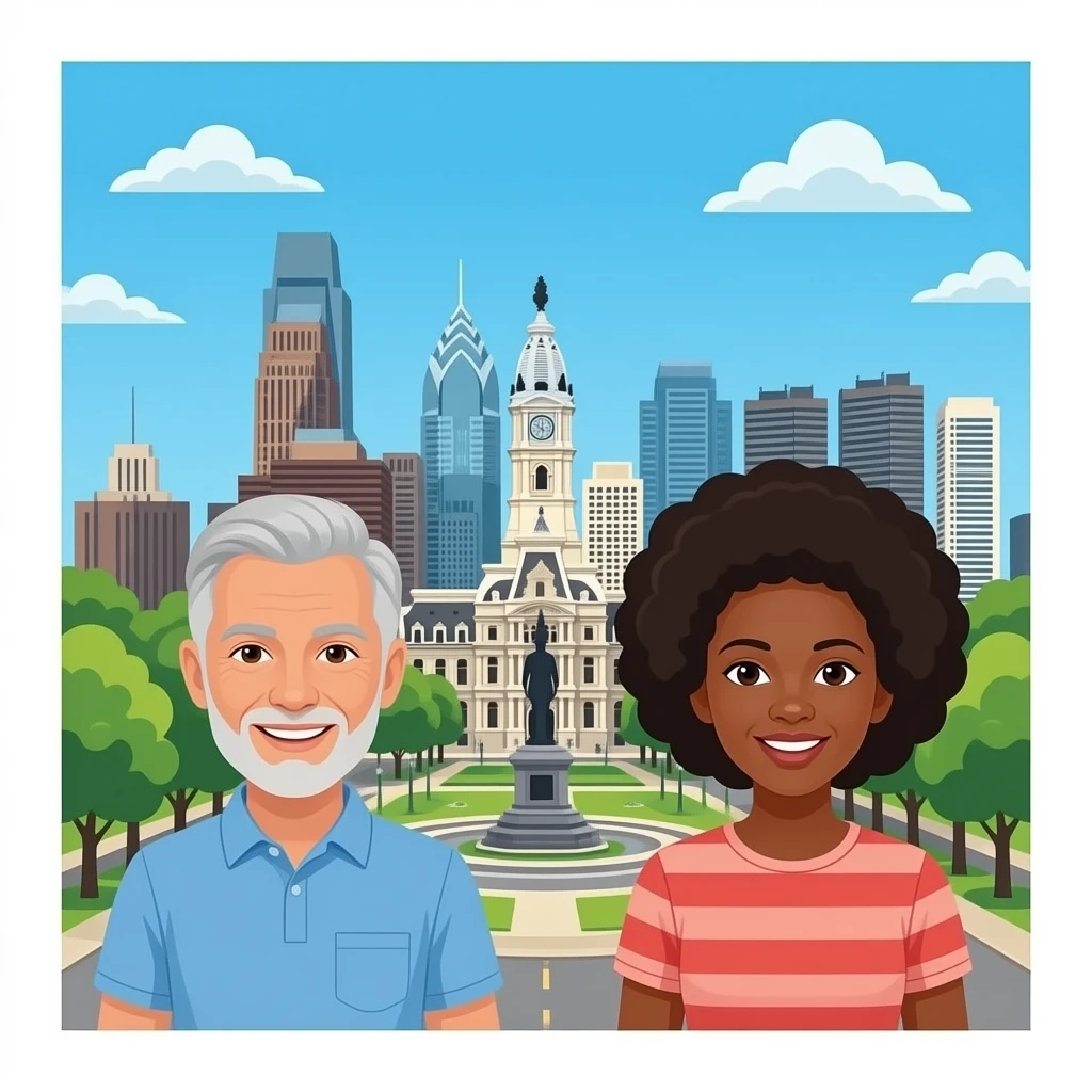 Philadelphia colour in the background.  residents are White and African American emoji