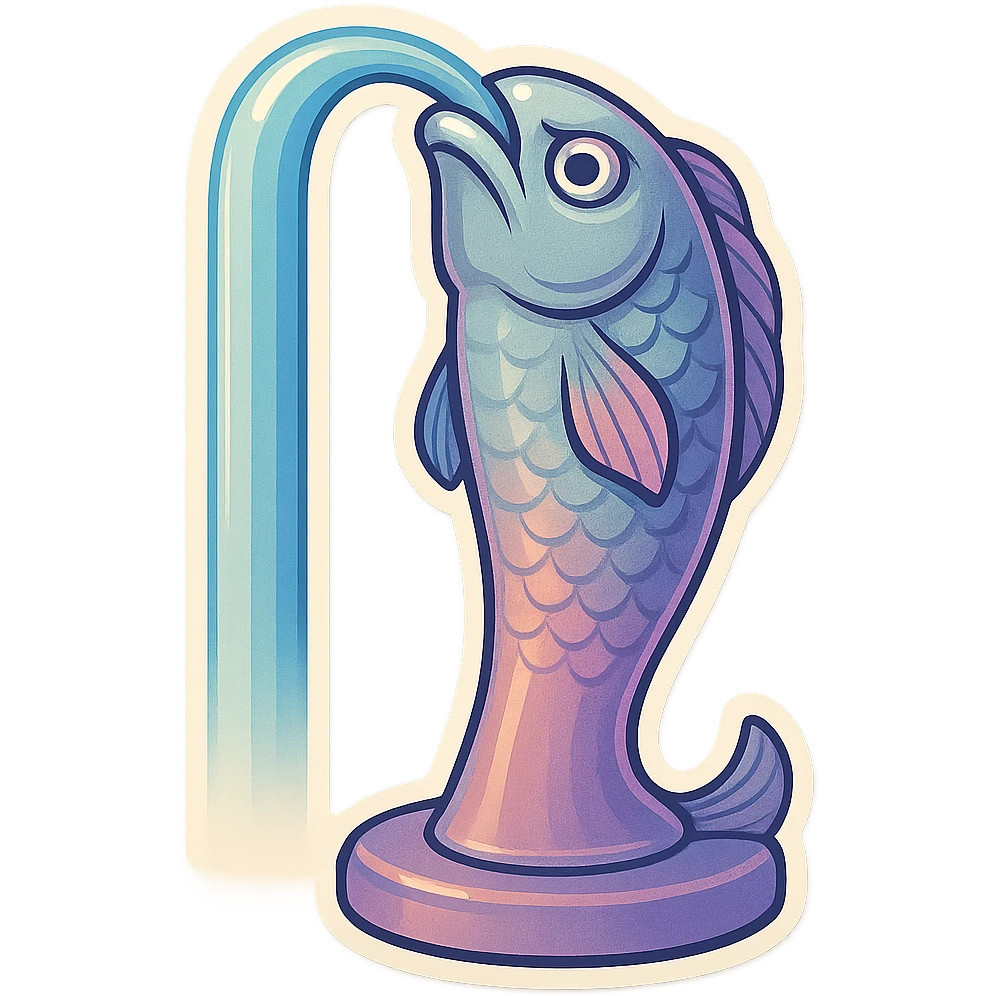 Elongated vertical fountain in the shape of a serious fish with a stream of water flowing from its mouth, detailed drawing with shadows and highlights, thin clean contours, soft rounded shapes, pastel palette #98B5BC, #B5B3C1, #C9A3C9, #E4C0CA, #F7DCD1, #F7C0AA, modern Japanese pop-art style, soft lighting, transparent background, no decoration. emoji