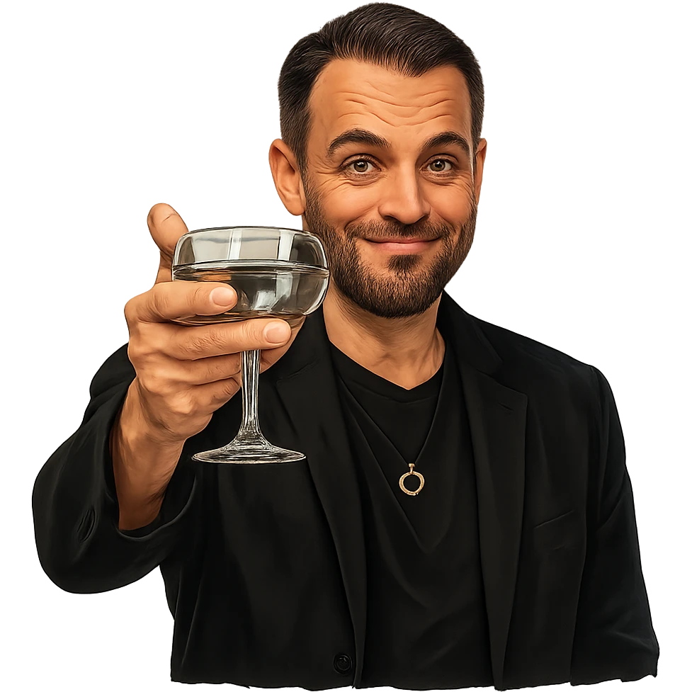 Герой на фотографии в позе и выражением лица из знаменитого мема с Ди Каприо из Великого Гэтсби, слегка рисованный, но при этом реалистичный объемный стиль, прозрачный фон emoji