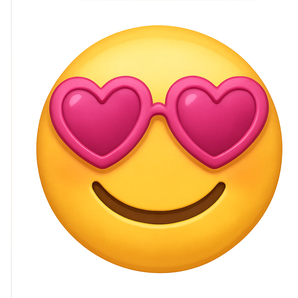 yellow face with pink heart glasses, digital illustration, emoji style, no background emoji