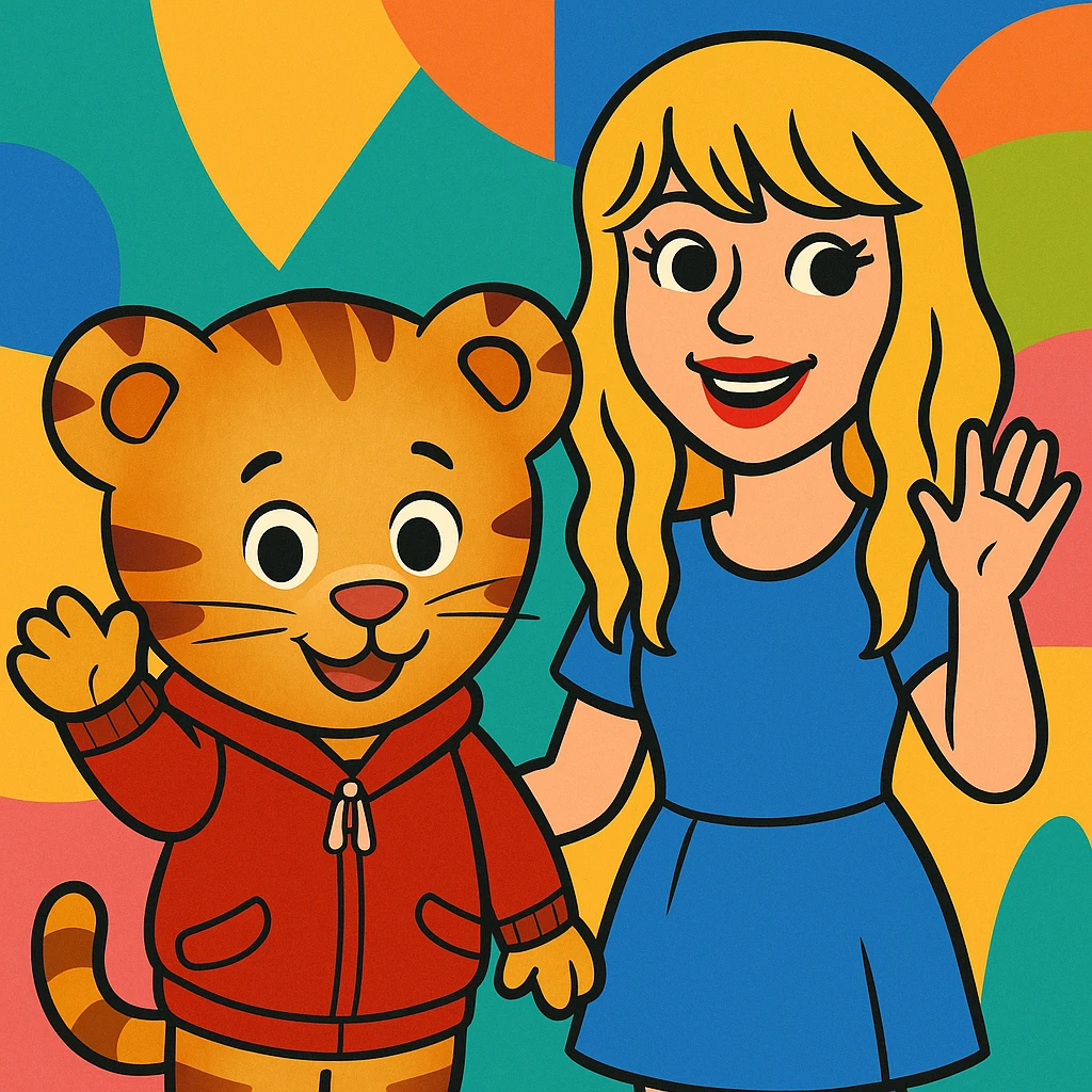 Daniel Tiger and Taylor Swift together, vibrant toon style, smiling and waving emoji