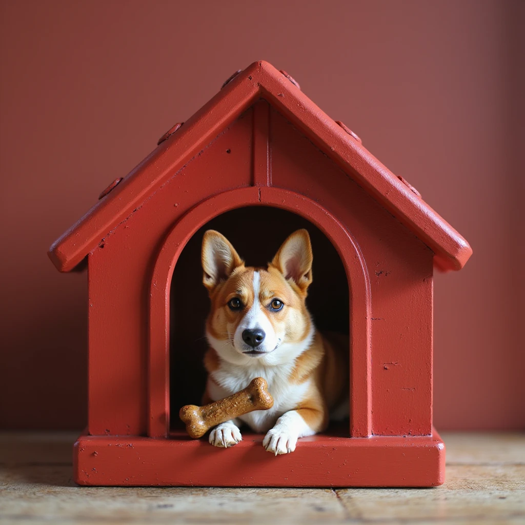 realistic red dog house with a Corgi dog inside, Corgi with a bone, photorealistic style emoji