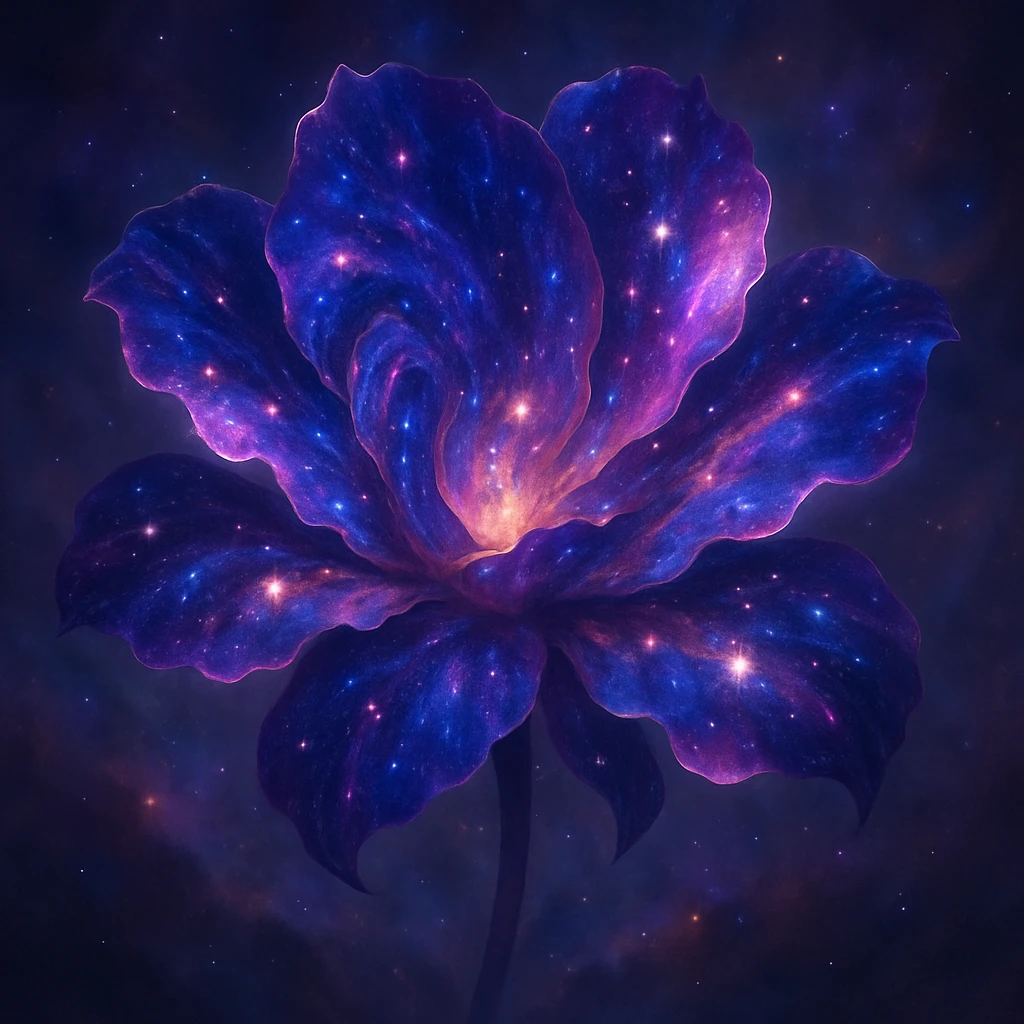 A flower with petals resembling a swirling galaxy nebula, vibrant cosmic colors, glowing accents, and a dreamy, ethereal feel. emoji