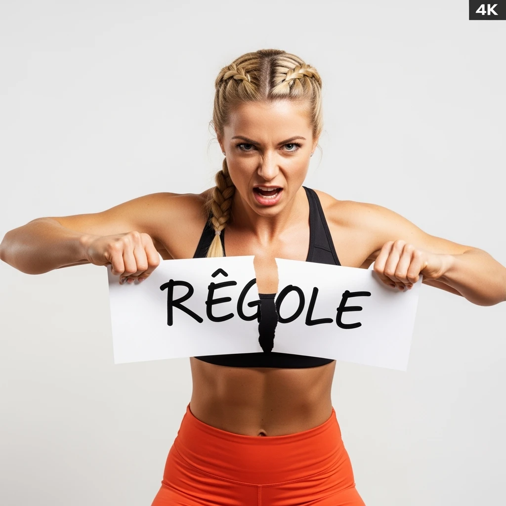 DONNA FITNESS CHE STRAPPA UN FOGLIO CON LA SCRITTA "REGOLE", IPERREALISTICA 4K, SENZA SFONDO emoji