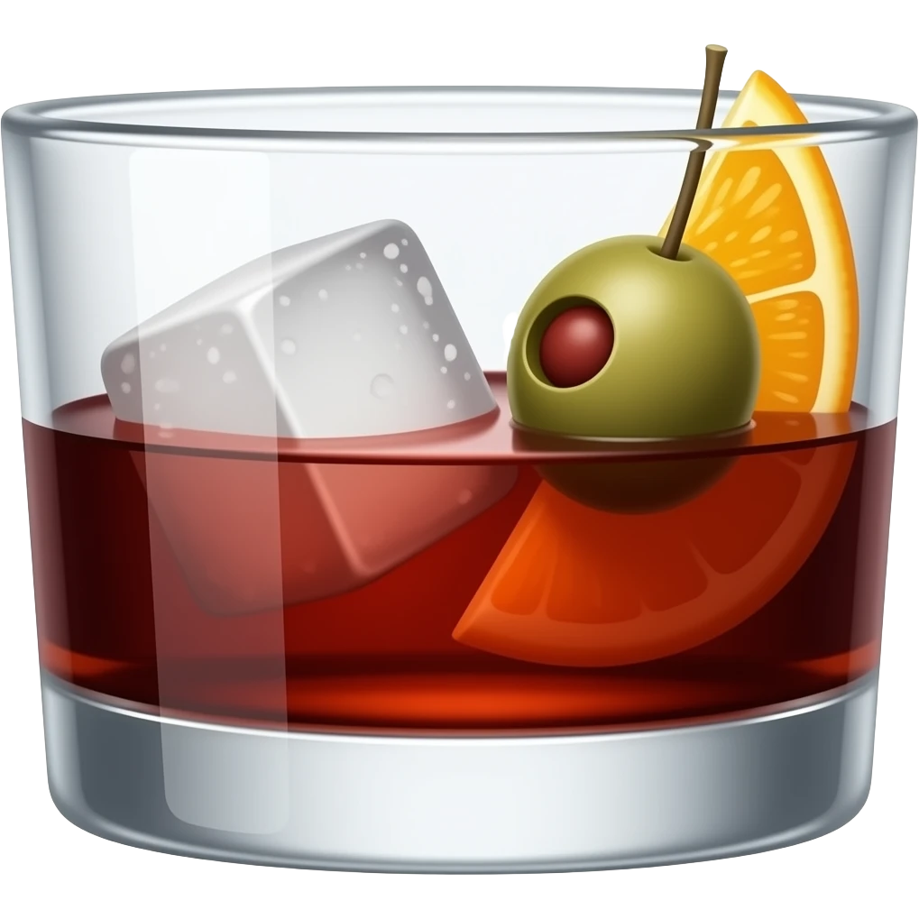 A short whiskey glass 3/4 full with dark red vermouth. It has a big block of ice, an olive and a thin slice of orange in the glass too emoji