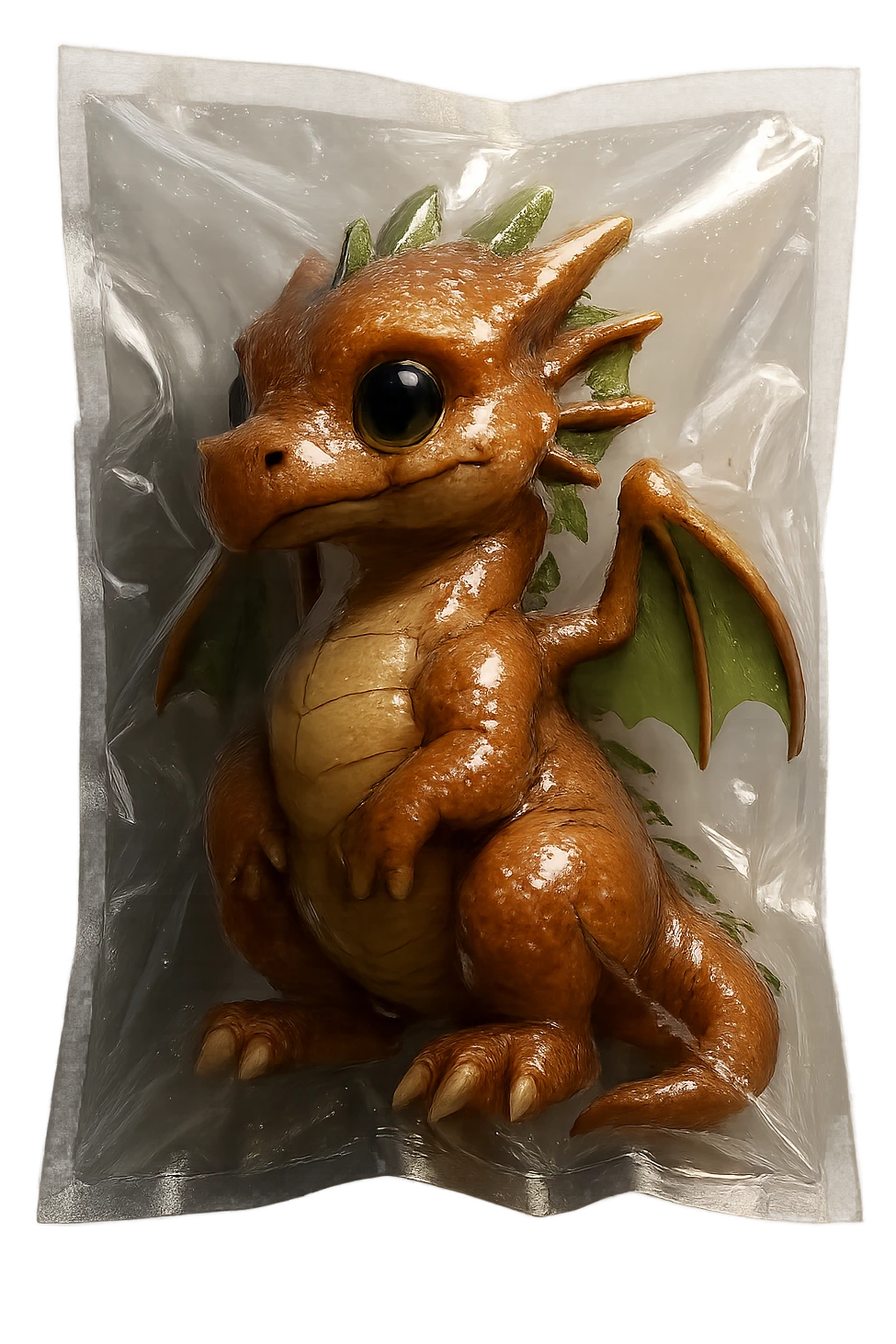 vacuum sealed style dragon, detailed, cute, shiny plastic look, no text emoji