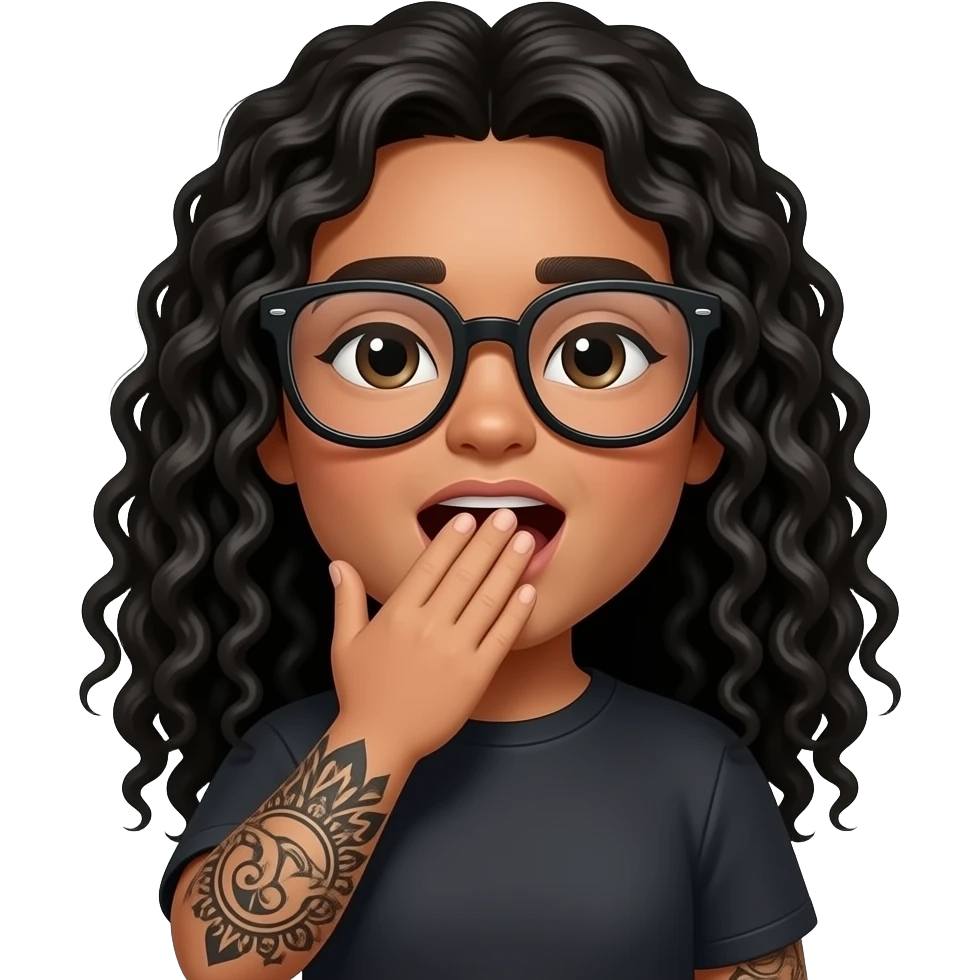 Kawaii style round very light brown skin glossy with oversized glasses and a full black tattooed arm and long curly black hair, yawning with hand in front of mouth emoji