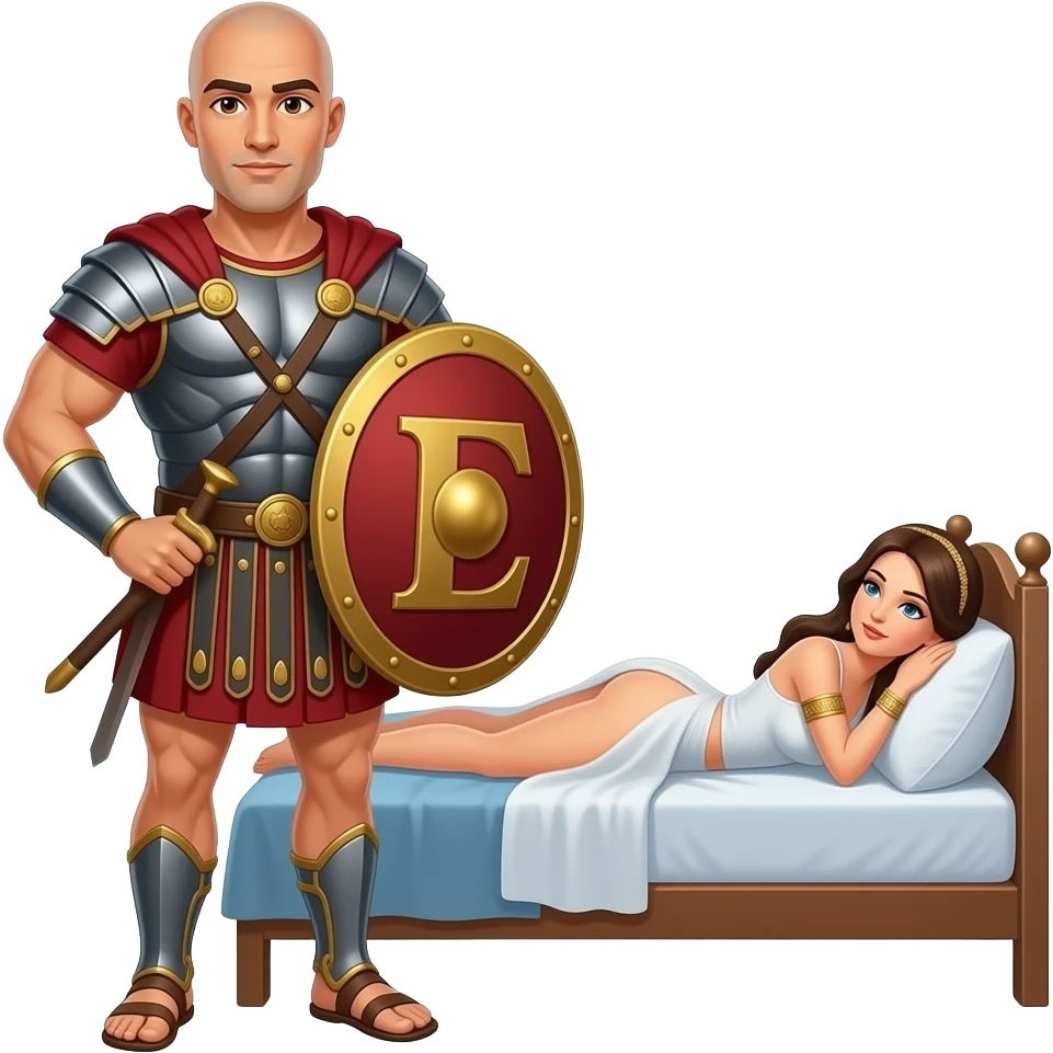 Muscular Roman soldier bald with brown eyes the Letter E on the shield with empress in bed facing away nude ass emoji