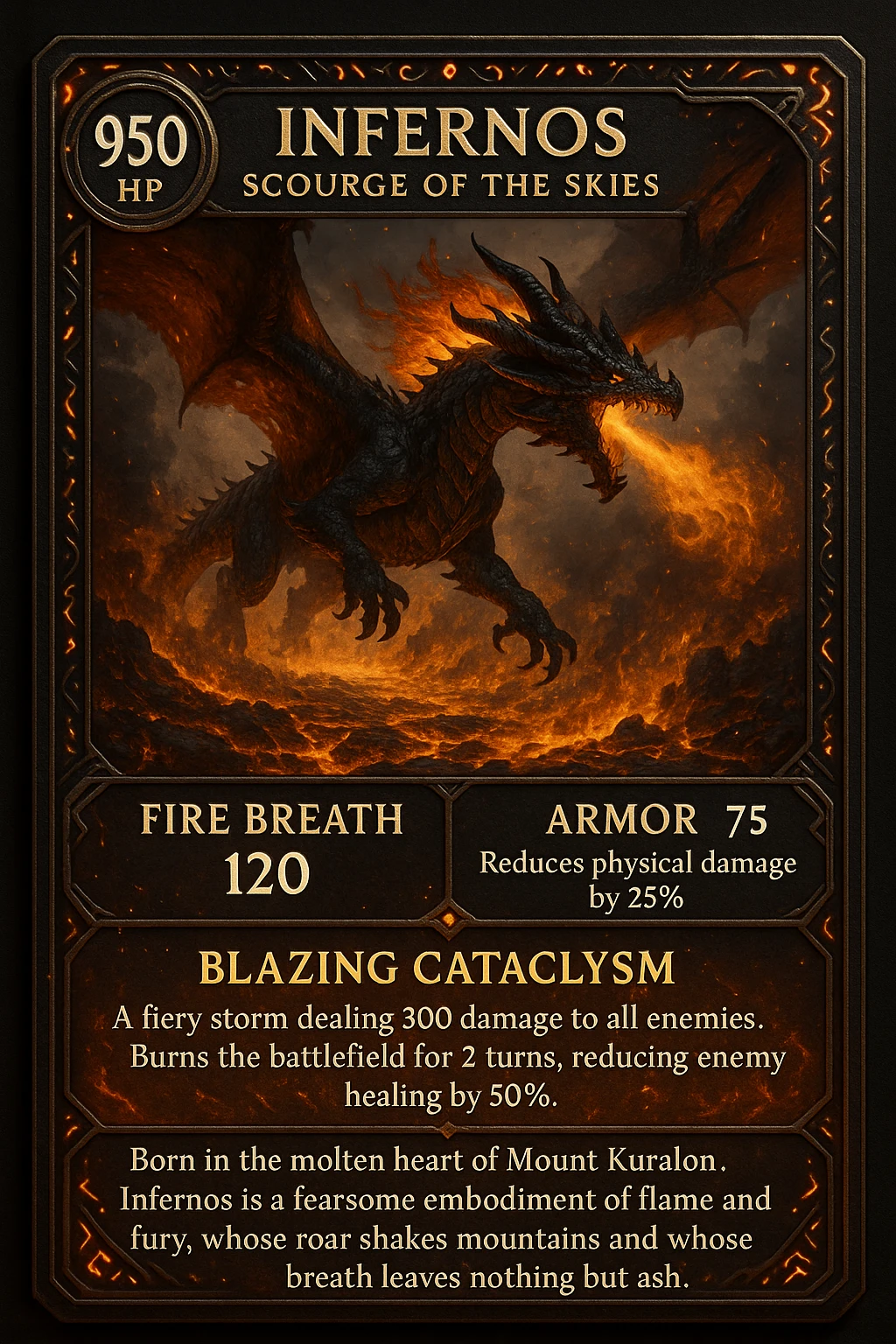 Make an epic role-playing card featuring a legendary fire-breathing dragon named Infernos, Scourge of the Skies. The card should display its stats: 950 HP, 120 fire power, and 75 armor that reduces physical damage by 25%. Highlight its special ability, Blazing Cataclysm—a fiery storm that deals 300 damage to all enemies and burns the battlefield for 2 turns, reducing enemy healing by 50%. The design should be ornate and collectible, with glowing ember accents, ancient dragon runes, and a dramatic illustration of Infernos flying over a scorched battlefield with molten lava and smoke. Add a lore-rich description: “Born in the molten heart of Mount Kuralon, Infernos is a fearsome embodiment of flame and fury, whose roar shakes mountains and whose breath leaves nothing but ash emoji