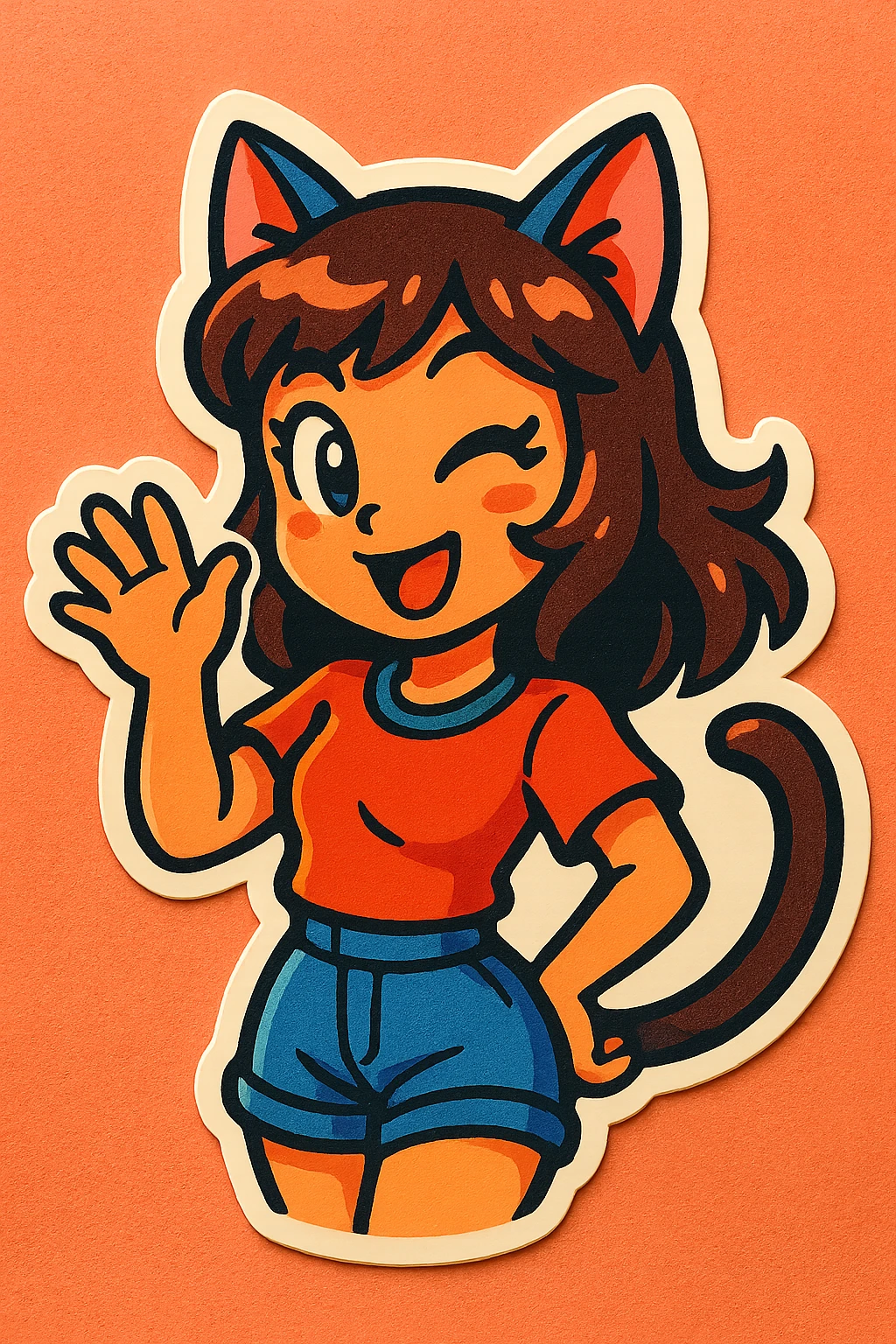 cat girl, bold outlines, vibrant colors, cat ears, fun expression emoji