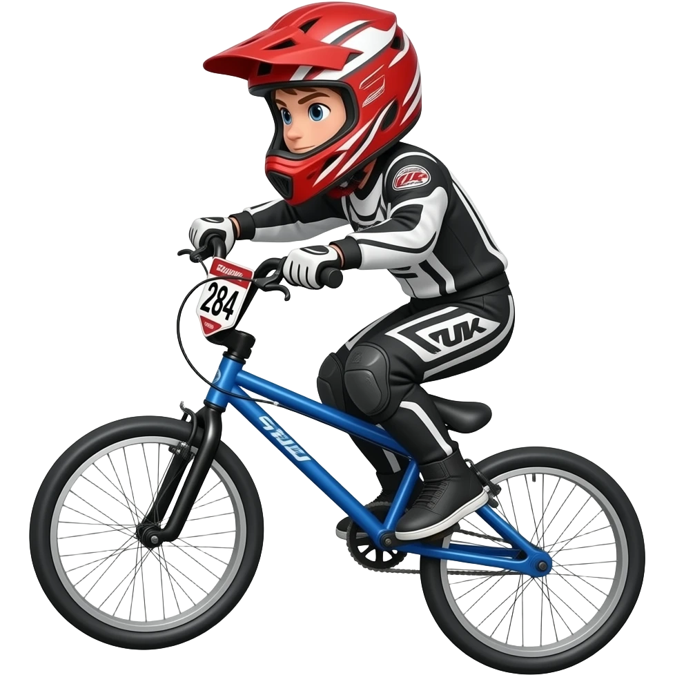 boy rider bmx jumping on a blue bike in red full face helmet and black and white full race suit with a race plate 284 emoji