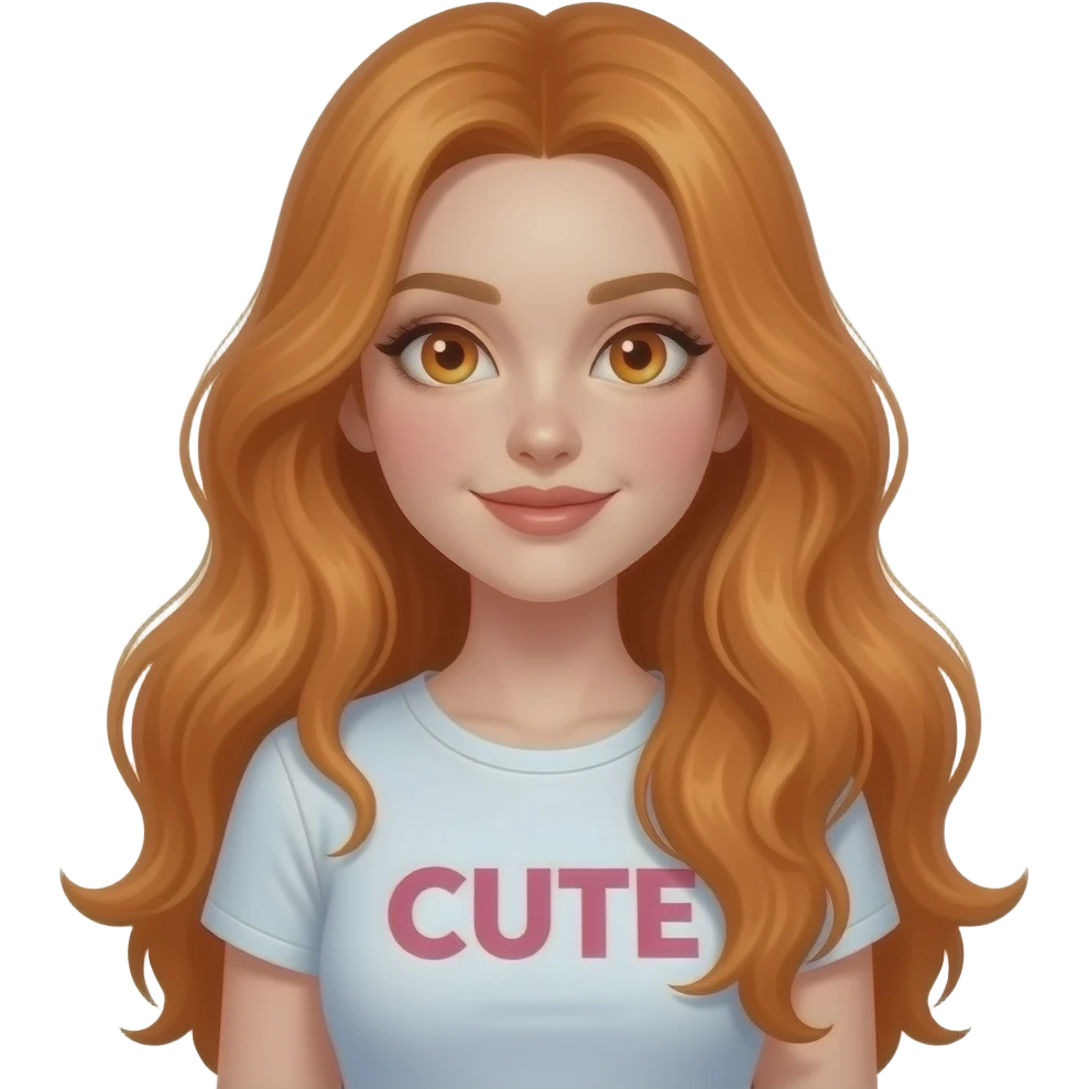 sexy girl with overlong ginger hair and ginger eyes a top with CUTE written on it emoji