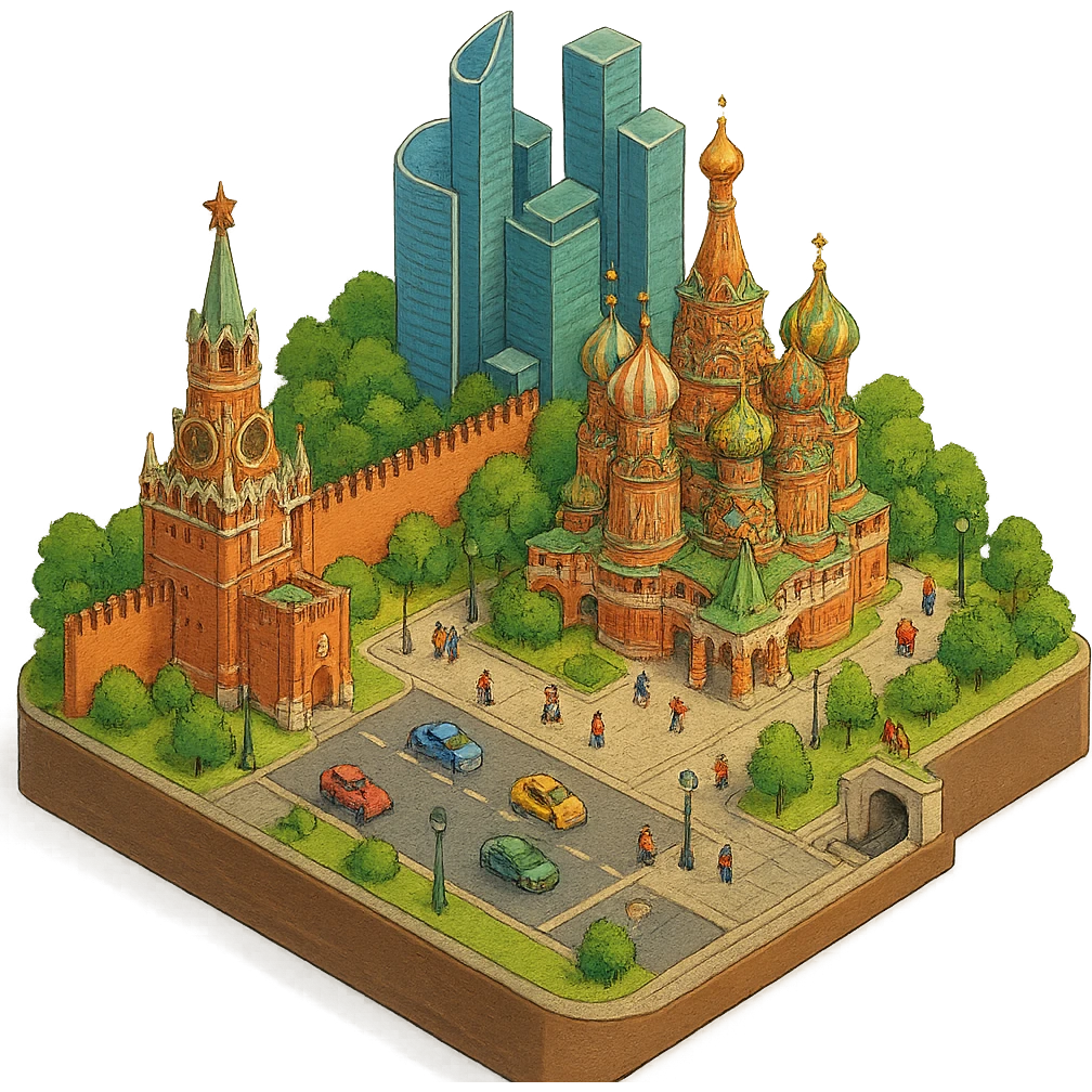 Изометричная миниатюрная 3D модель Москвы на подставке - фотореалистичный Кремль, собор Василия Блаженного, фотореалистичный Башни Москва-Сити, аккуратная детализация, яркие цвета, мультяшный реализм, гуляют люди и современный автотранспорт и метро, компактная композиция, вид сверху в изометрии, прозрачный фон emoji
