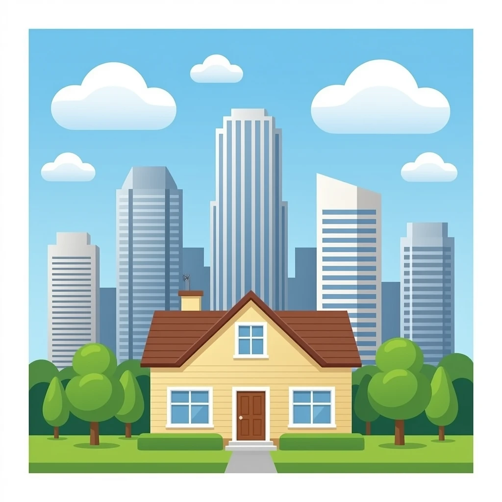 only a house and tall office buildings-- nothing else, no sun, no moon, no trees emoji