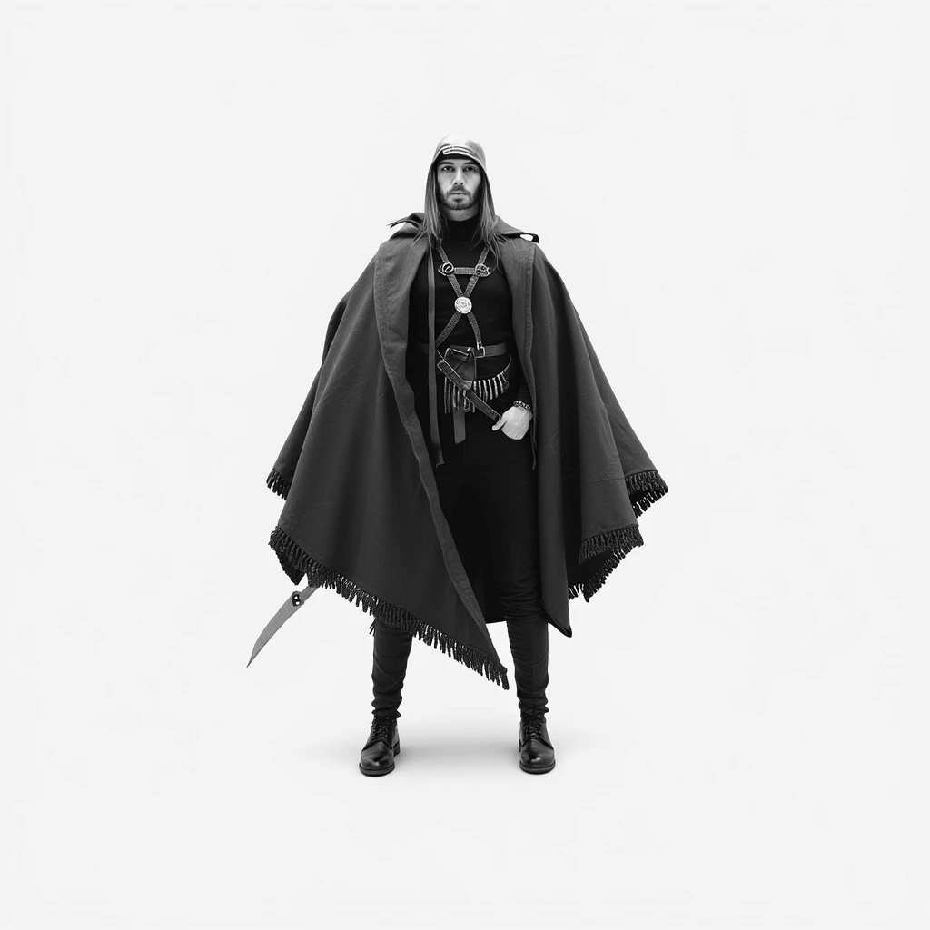 floating S'pht compiler from Marathon 1, metal cloak, spooky spectral aura, black and white DSLR photography style, dramatic lighting, unsettling ghostly mood emoji