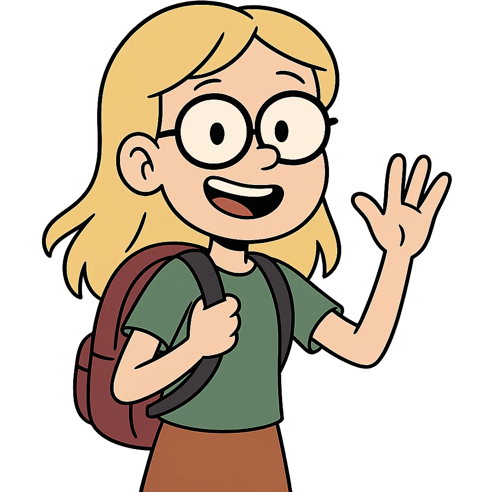 6th grade girl with blonde hair and glasses, waving, wearing a backpack, cartoon style emoji