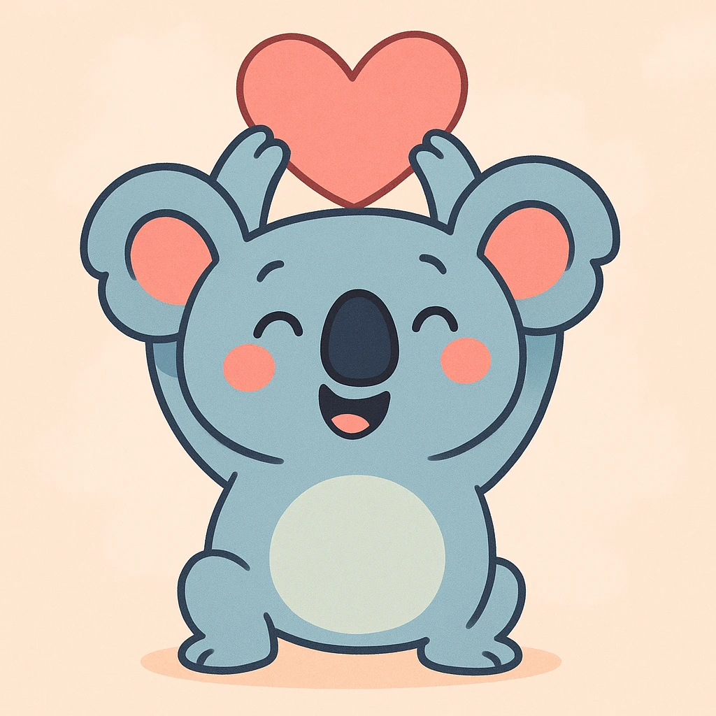 cartoon koala holding a heart above its head, pastel toon style, soft background emoji