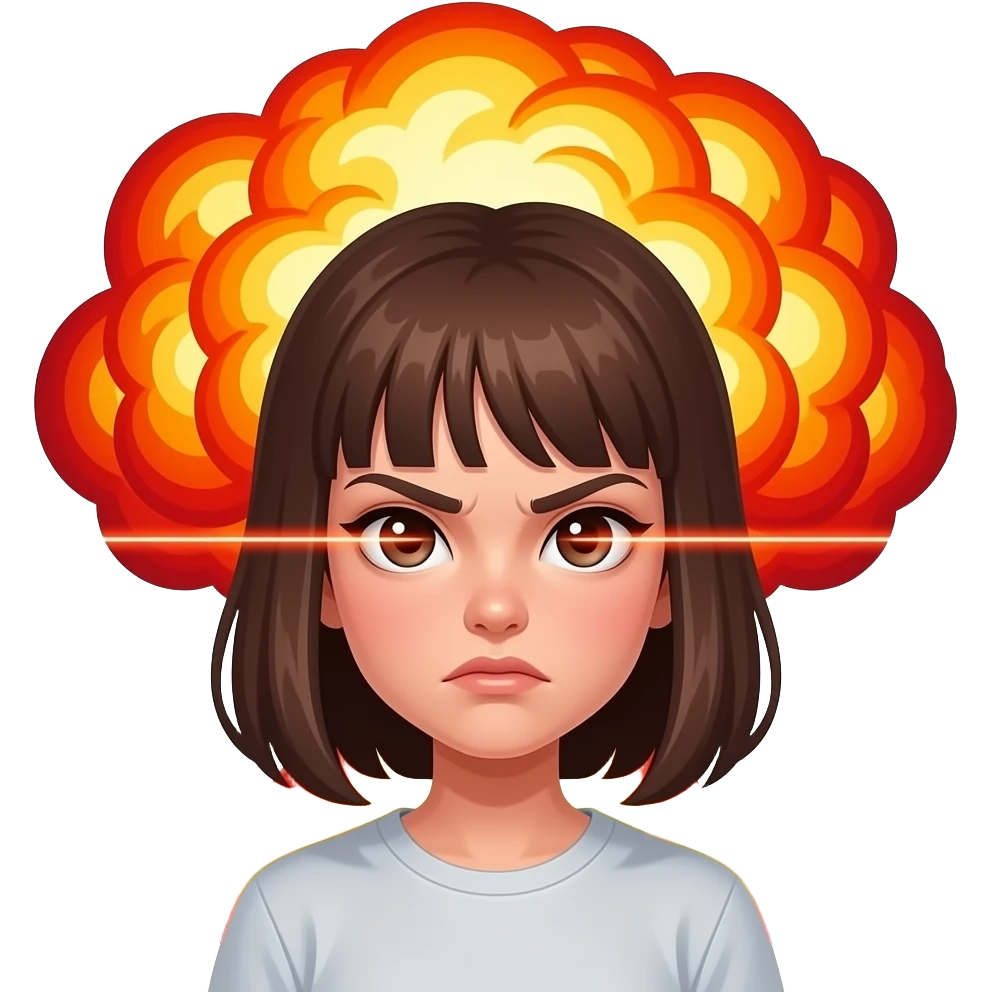 emoji, angry teen girl face, eyes shooting laser beams, nuclear mushroom cloud explosion in background, flat cartoon, vivid red orange yellow, clean outlines, white background emoji