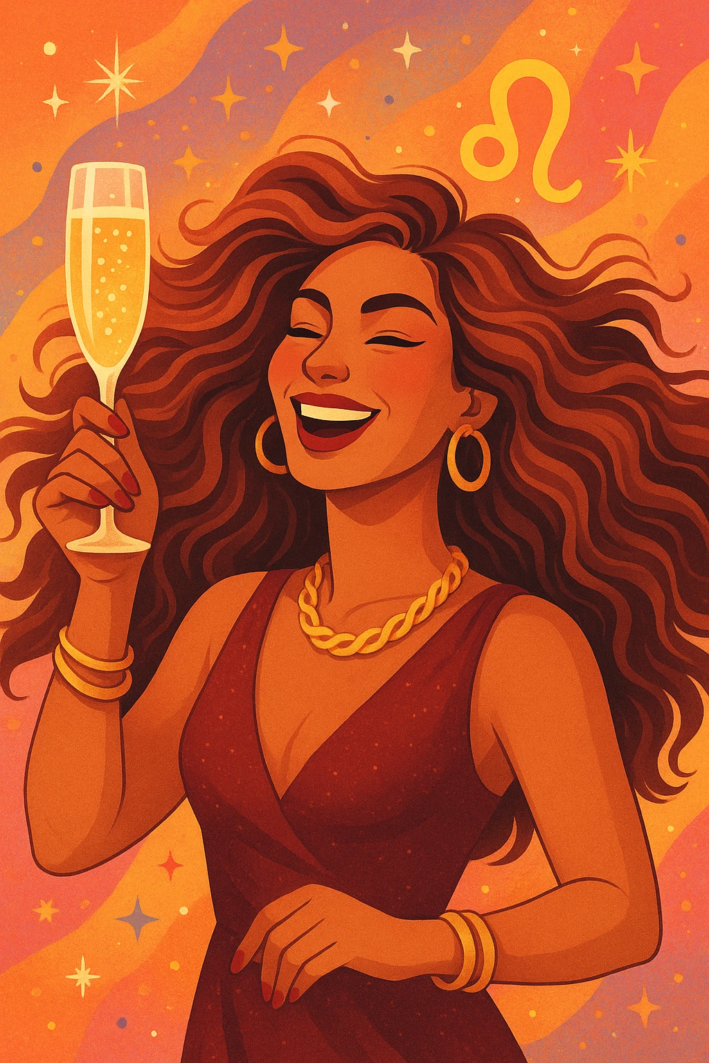 leo woman with flowing hair, wearing gold jewelry, holding a champagne flute, celebratory mood emoji