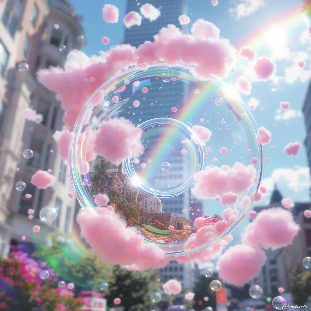 Cinematic still perfume inside bubbles flying around San Francisco downtown, sunny summer day, happy vibe, colorfull surround, rainbow, small cute pink clouds around emoji
