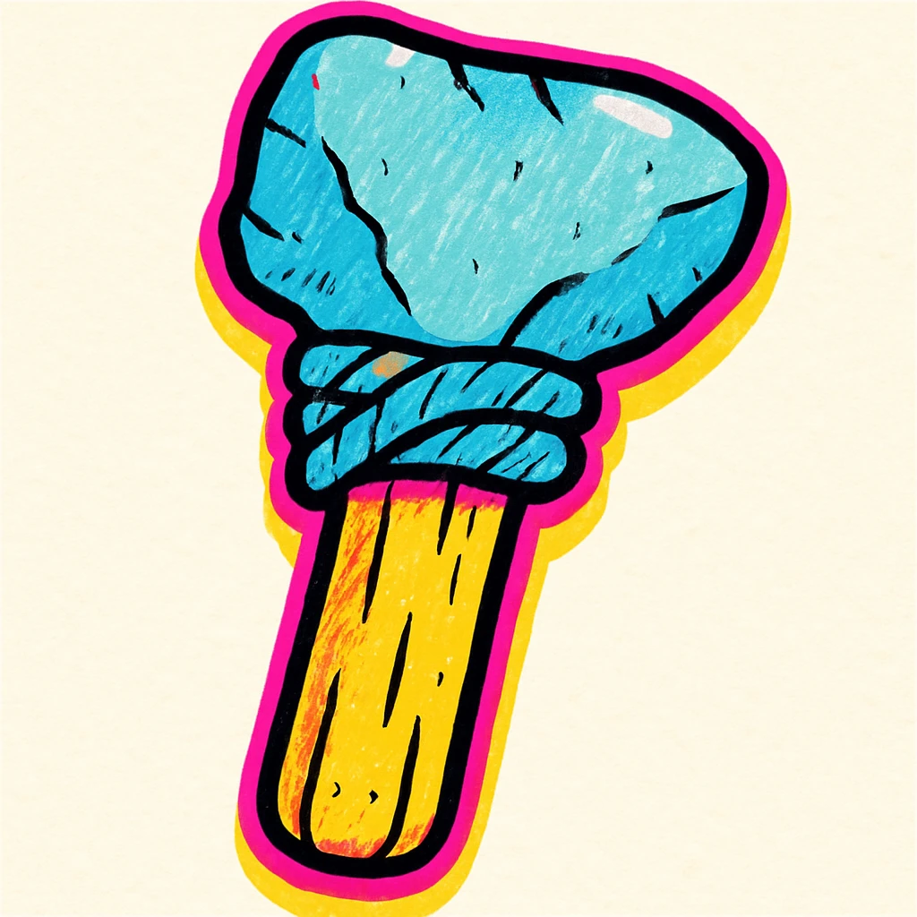 conpep-style cartoon Stone Age hand axe, primitive and sturdy, with a light brown wooden handle, thick rope, and a gray stone blade. Clean white background, soft shadows, and glossy highlights for a polished emoji effect. emoji
