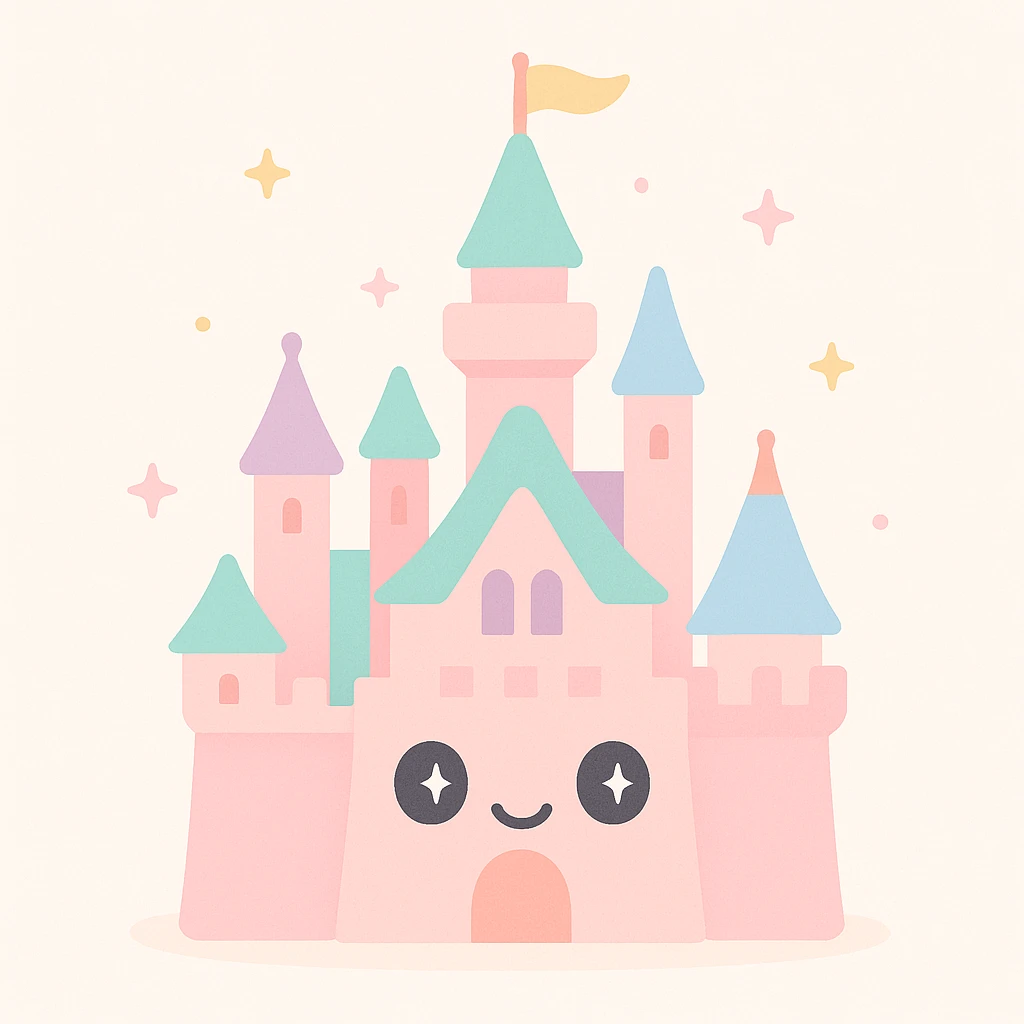 Disneyland castle, magical, pastel colors, dreamy, iconic silhouette emoji