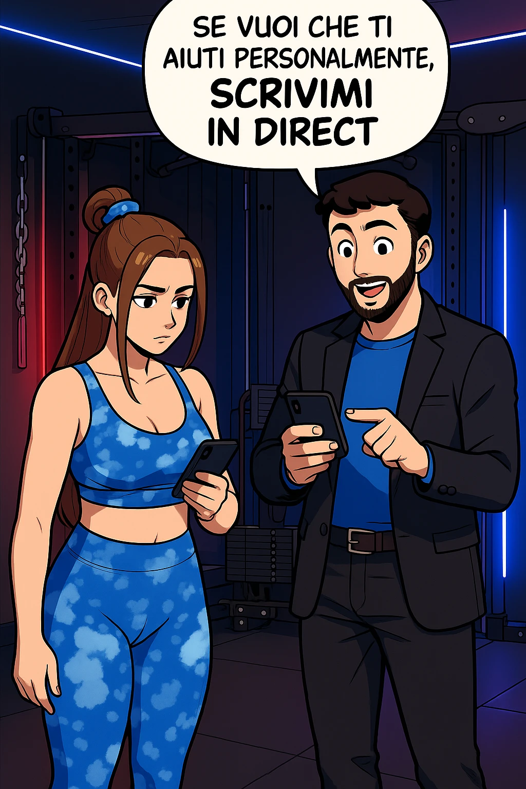TRASFORMA QUESTO CAROSELLO IN UN FUMETTO STILE WEBTOON/MANGA A COLORI CON QUESTE DUE PERSONE IDENTICHE CHE INTERLOQUISCONO TRA LORO, L'UOMO MOSTRA UNO SMARTPHONE ALLA DONNA INDICANDOLO, E ANCHE LA DONNA HA LO SMARTPHONE IN MANO PER ANDARE A SEGUIRE IL SUO PROFILO INSTAGRAM:

LUI (UOMO): Se vuoi che ti aiuti personalmente
SCRIVIMI IN DIRECT emoji