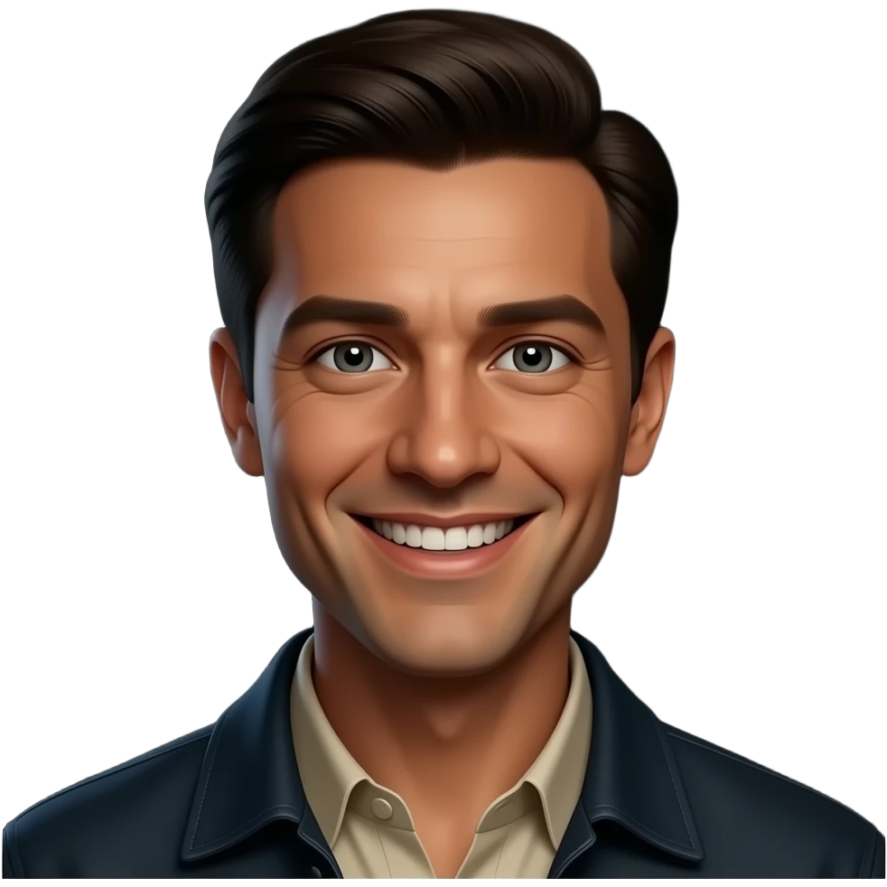 Close-up of a smiling person with fair skin and short dark hair, warmly lit in a dim indoor setting. They show teeth with a genuine, friendly expression, wearing a light-colored collared shirt under a darker jacket. Background is dark and blurred, with a cinematic, soft-focus feel. emoji