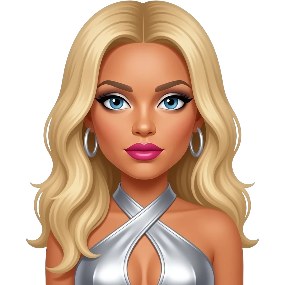 Fergie from Black Eyed Peas with blue eyes, long blonde hair, silver eyeshadow, hot pink lipstick, silver metallic halter dress, silver earrings emoji
