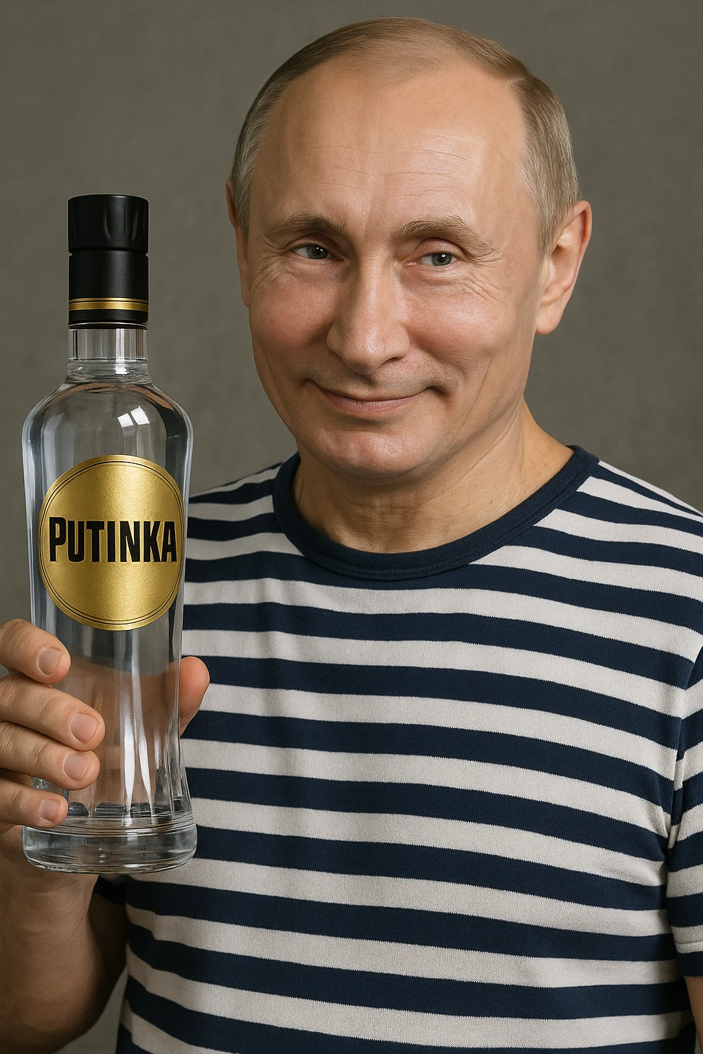 Сгенерируй мне как владимир путин в тельняжке держит эту водку, и на ней прям написанно только Путинка, другой текст убери. Он не должен касаться краев изображения и полностью помещаться в экран, а так же хитро улыбаться emoji