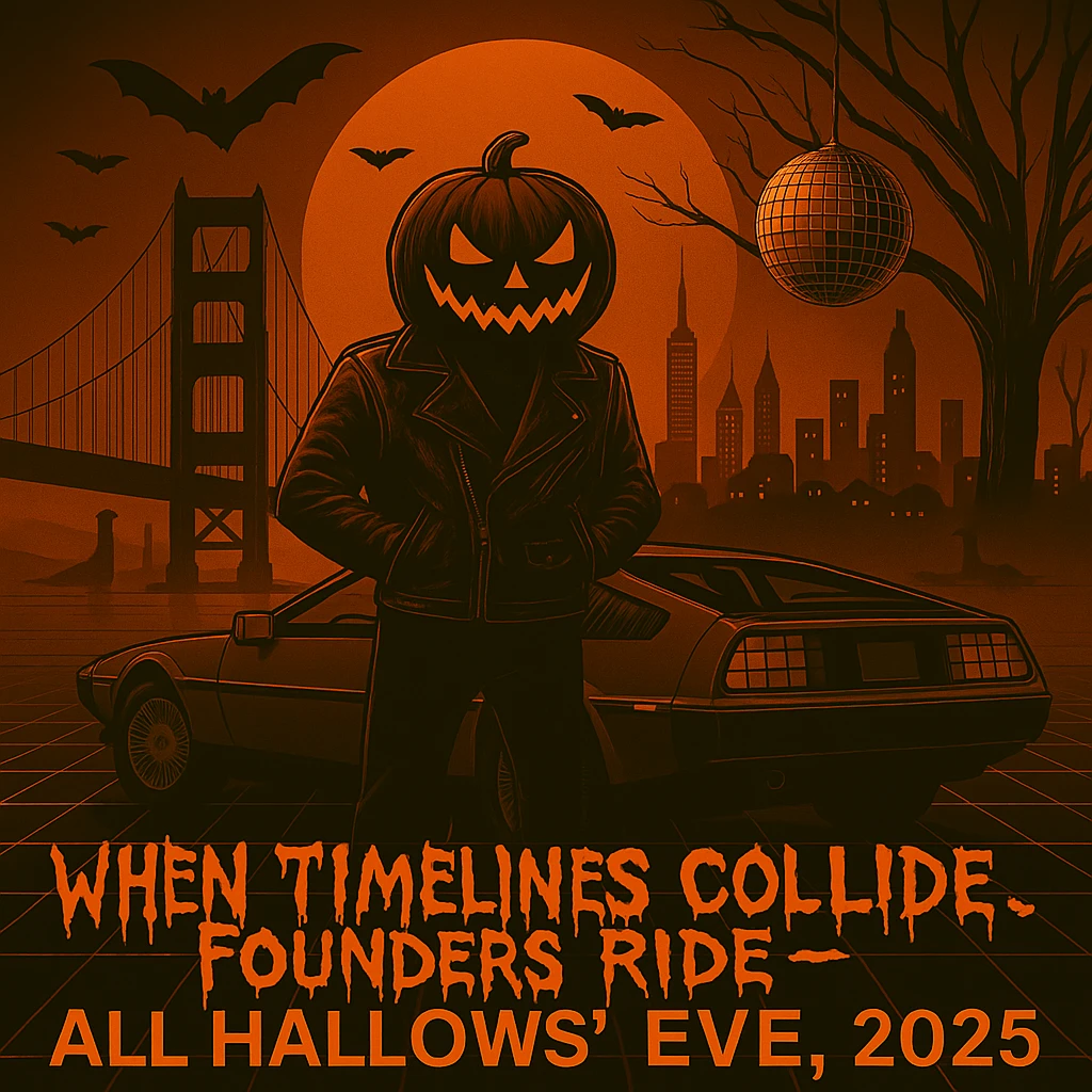 Make the font "When Timelines Collide, Founders Ride" runny, spooky.  emoji