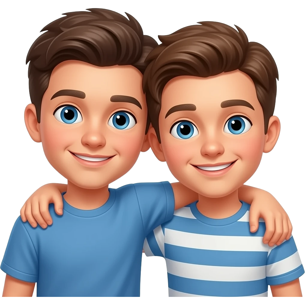 Erstelle ein Emoji von zwei Brüder, der eine um die 20 und der andere um die 24, der älter Bruder legt sein Arm über sein jüngeren und der jüngere legt auch sein Arm um sein Bruder und beide legen die Köpfe aneinander. Beide haben blaue Augen emoji