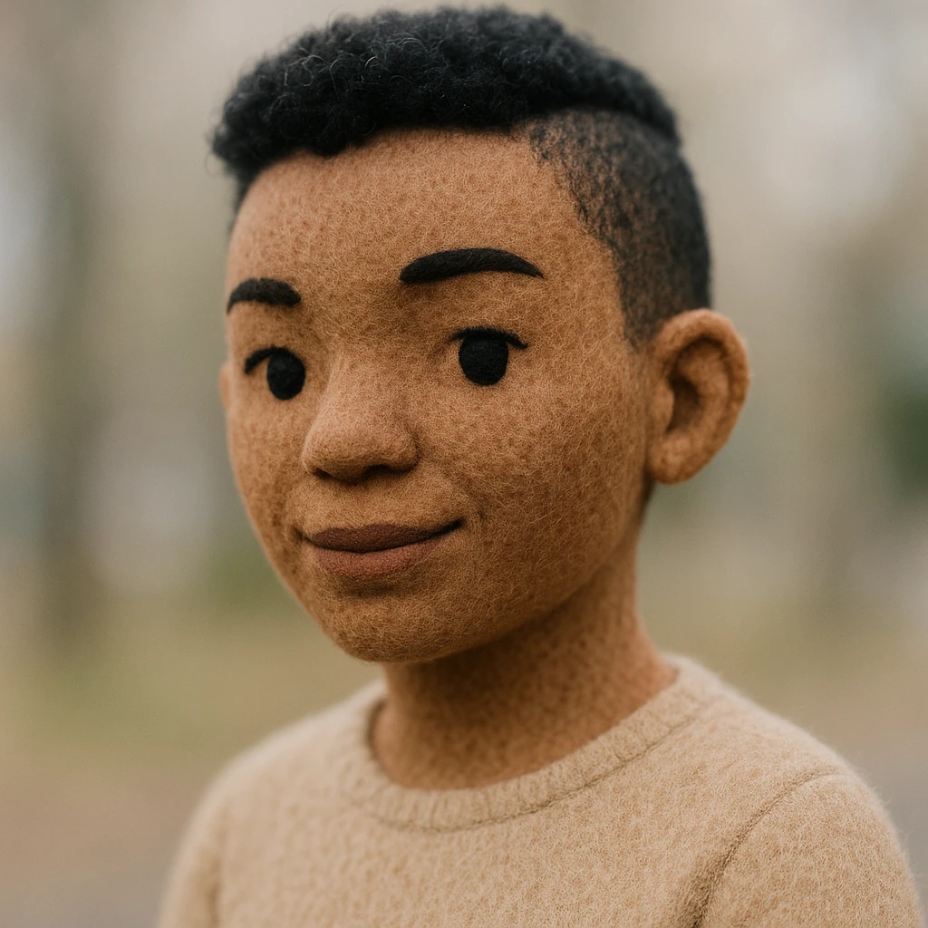 plush portrait of a black woman with light skin and short black curly hair, shaved on both sides, soft plush texture, gentle expression emoji