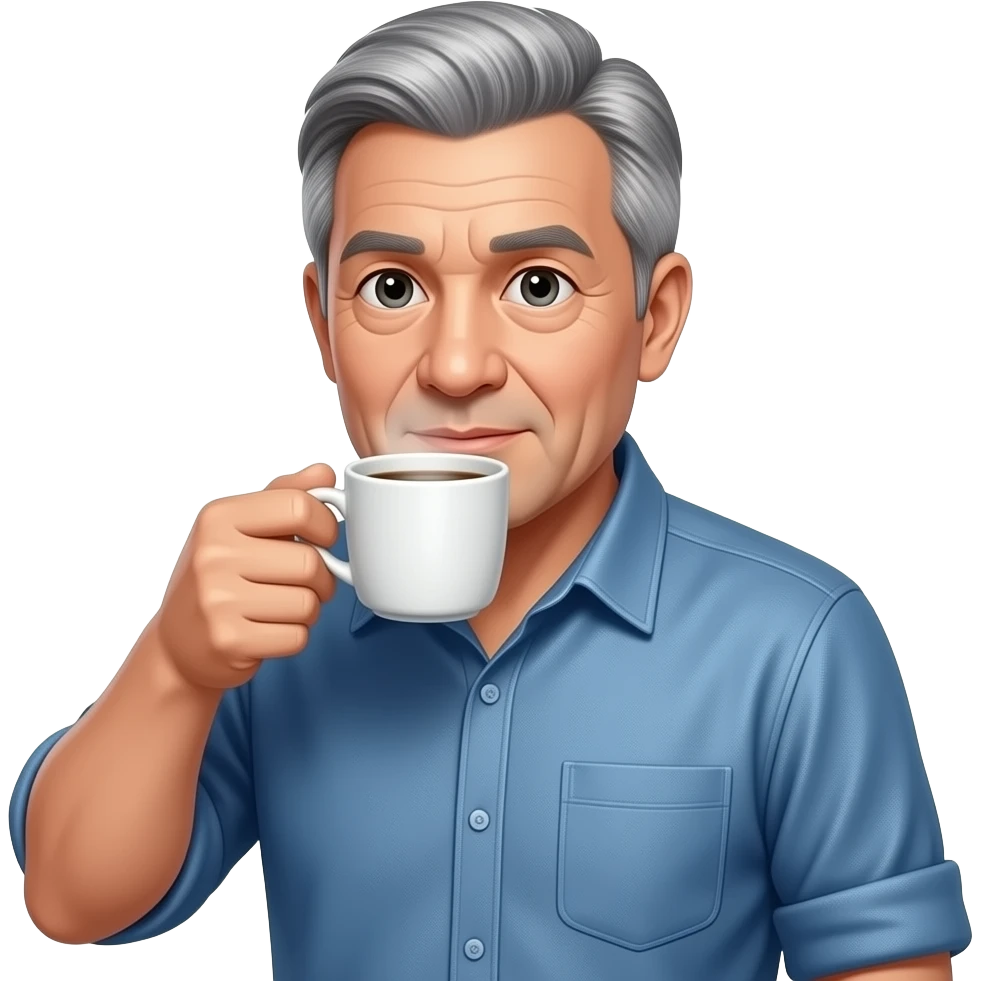 white man in his 60's wearing a blue button-down shirt and looking a little worn drinking a cup of coffee emoji