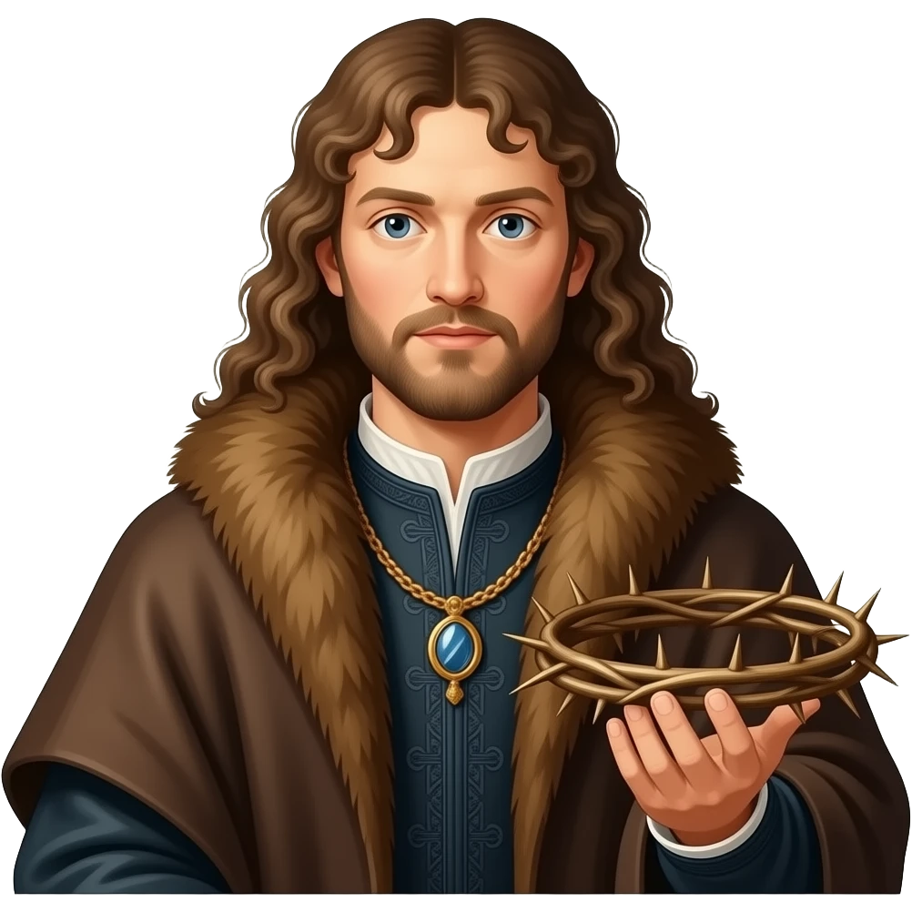 cinematic realistic - en face penetrating balanced Albrecht Dürer Renaissance self-portrait with long curly hair in a cloak with a fur collar, in Renaissance dress, holding a crown of thorns with his left hand emoji